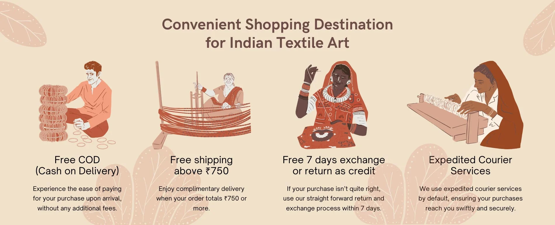 Convenient shopping destination for Indian textile art — free COD, free shipping, easy 30-day returns and expedited courier