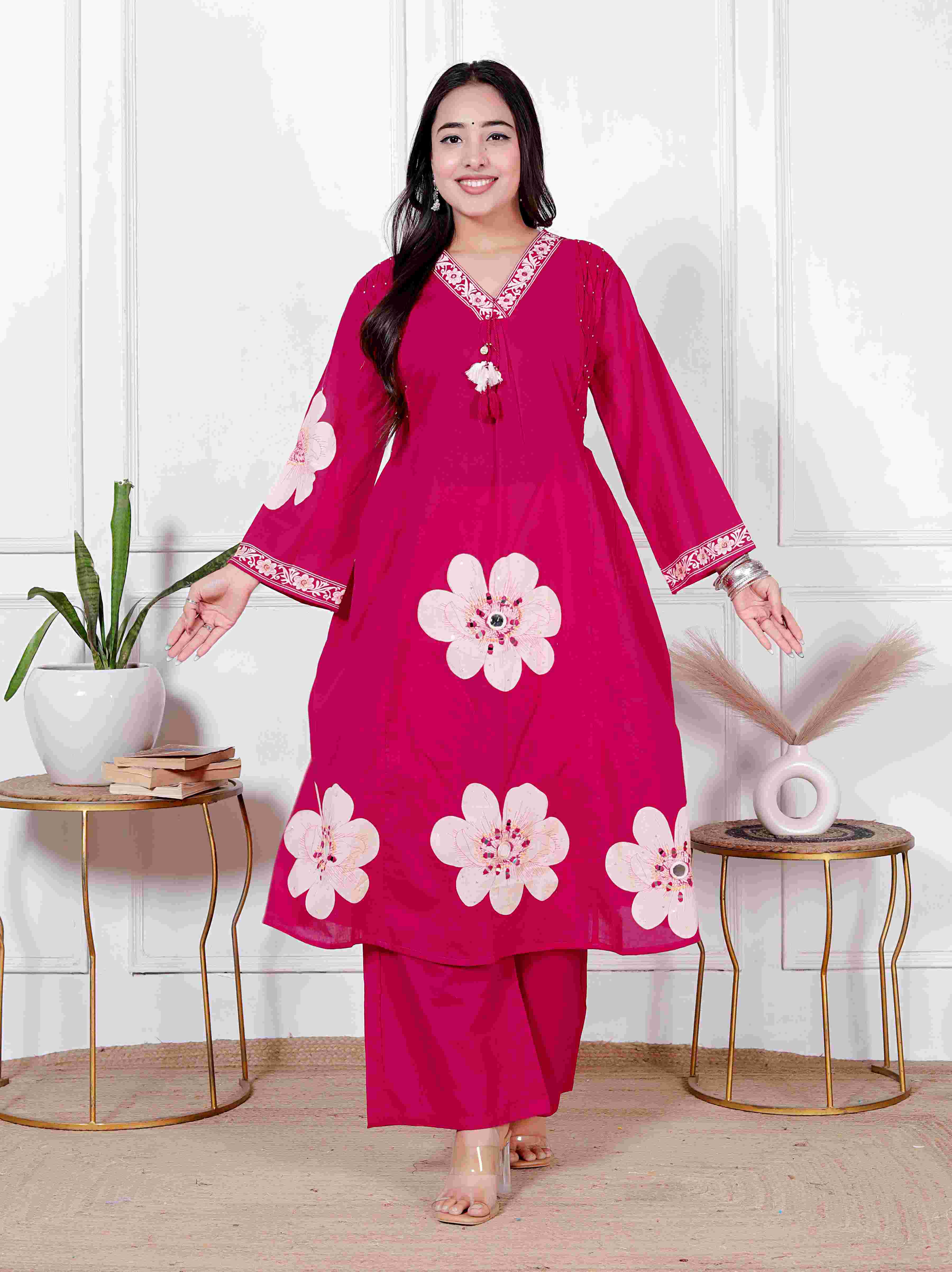 AAVARI Women’s Rani Pink Floral Printed Kurta Palazzo Set with Organza Dupatta | Embellished Ethnic Suit Set | Festive & Party Wear