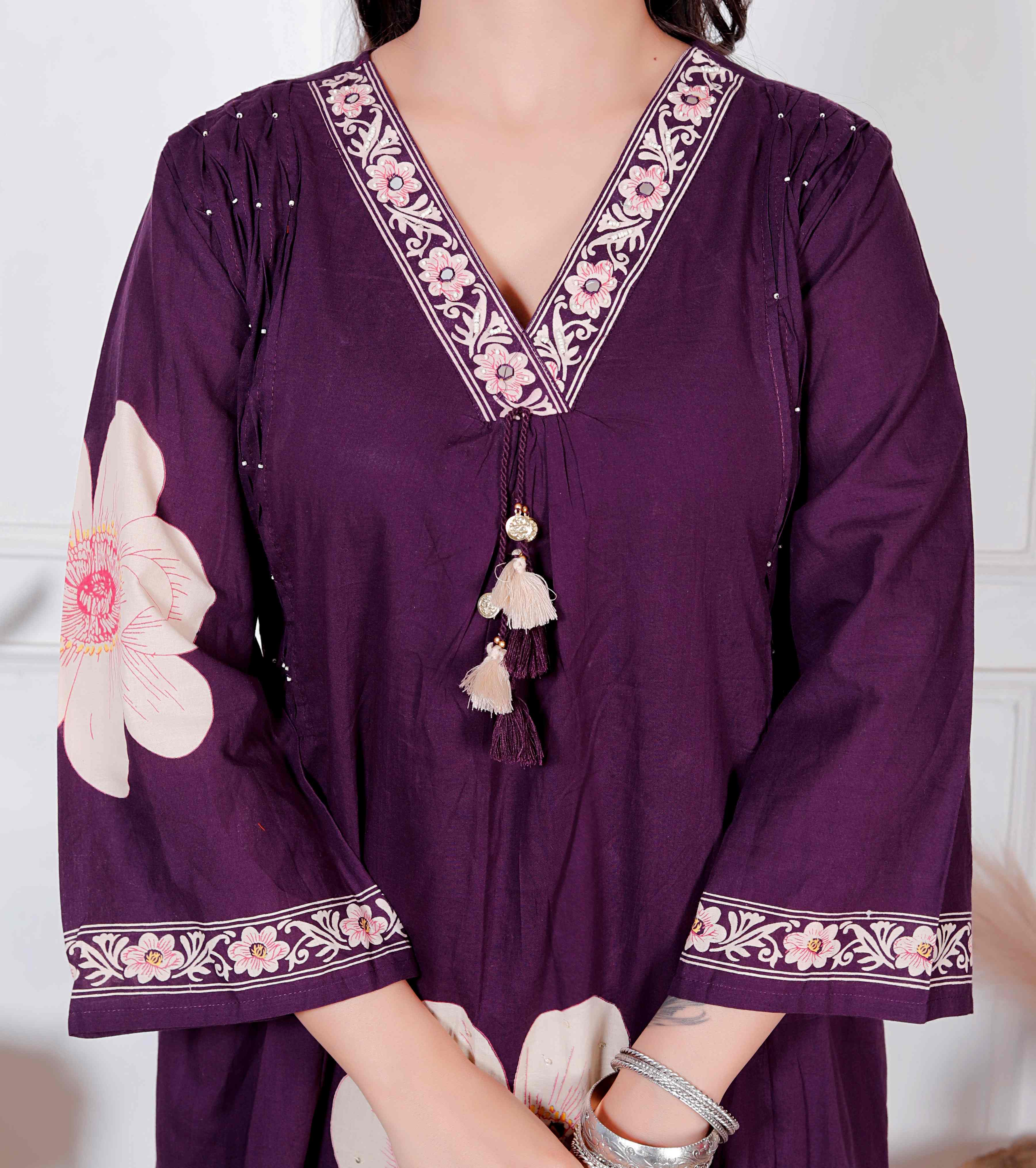 AAVARI Women’s Deep Purple Floral Printed Kurta Palazzo Set with Organza Dupatta | Embellished Ethnic Suit Set | Festive & Party Wear