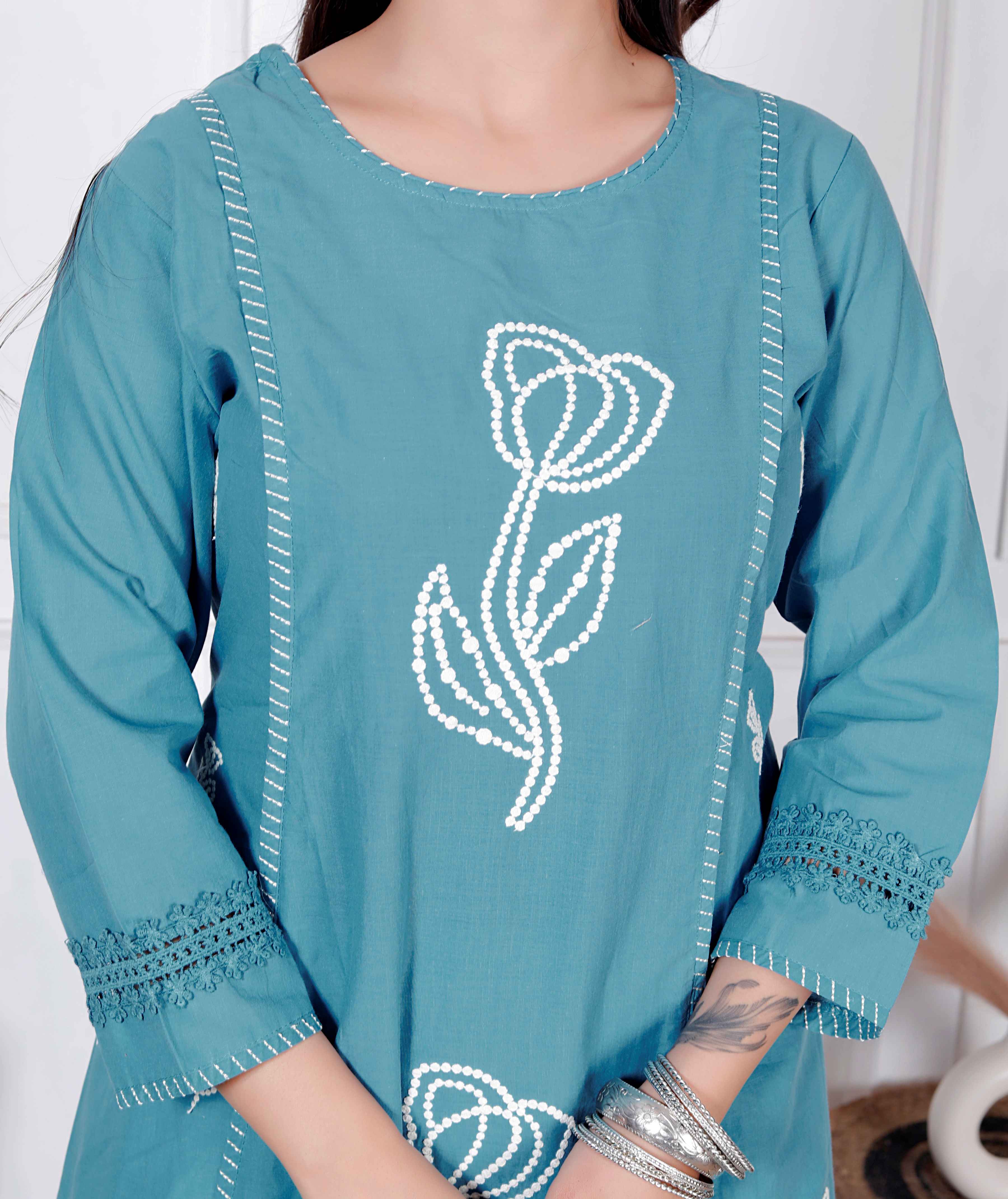 AAVARI Women’s Teal Blue Embroidered Kurta Palazzo Set with Dupatta | Floral Straight Fit Ethnic Suit Set | Festive & Casual Wear