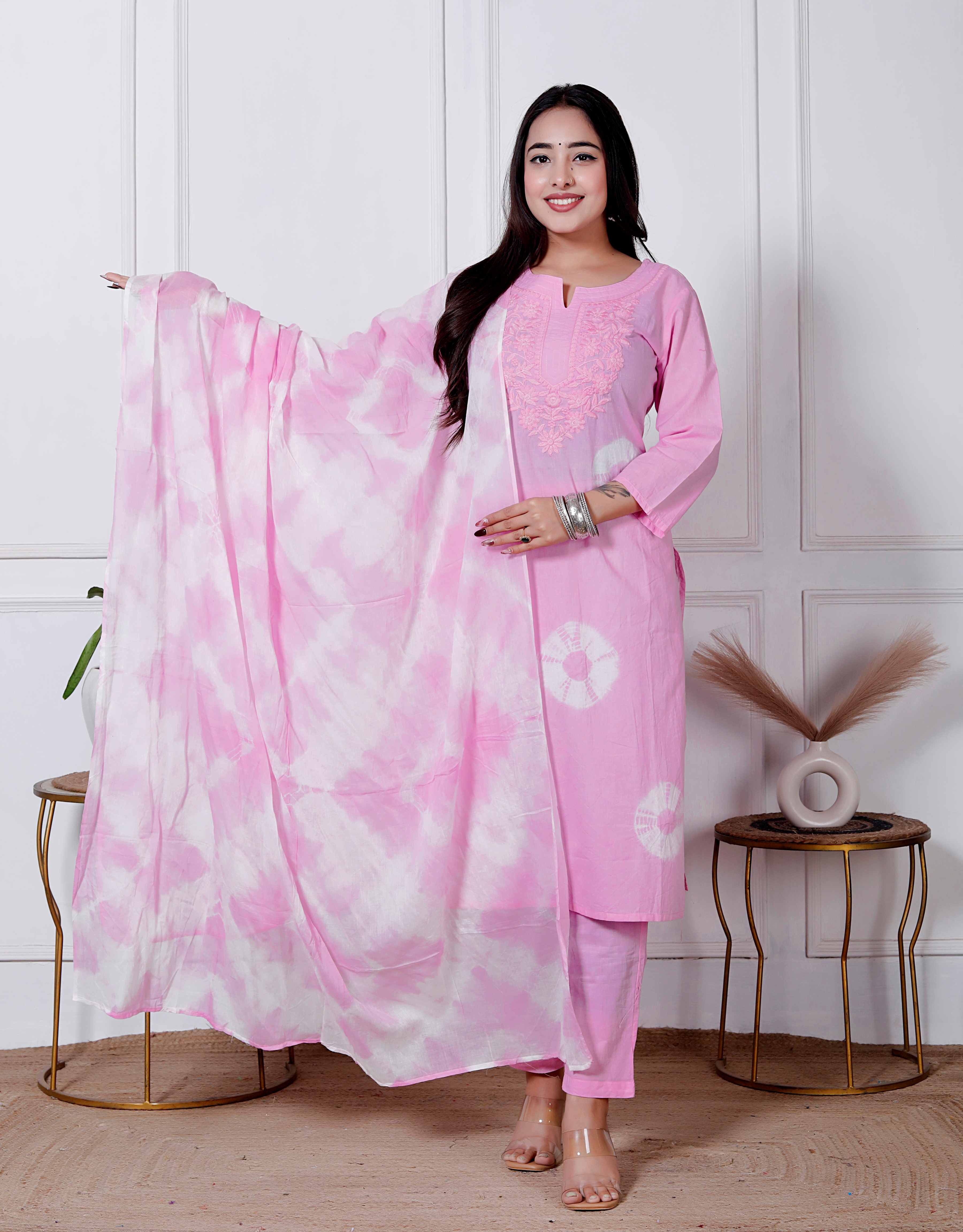 AAVARI Women’s Pink Embroidered Kurta Pant Set with Floral Printed Dupatta | Straight Fit Ethnic Suit Set | Festive & Casual Wear