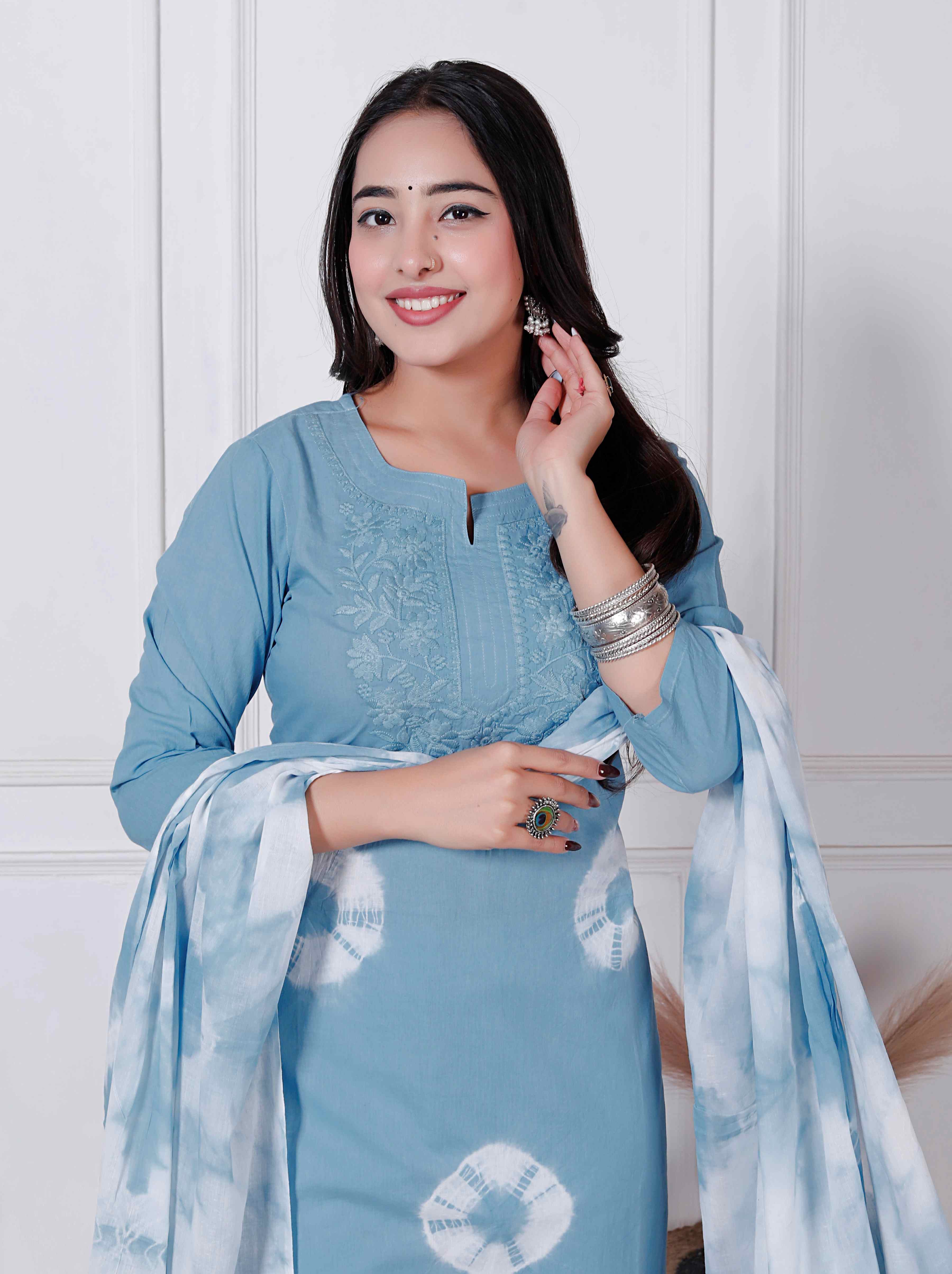 AAVARI Women’s Sky Blue Embroidered Kurta Pant Set with Shibori Printed Dupatta | Straight Fit Ethnic Suit Set | Festive & Casual Wear