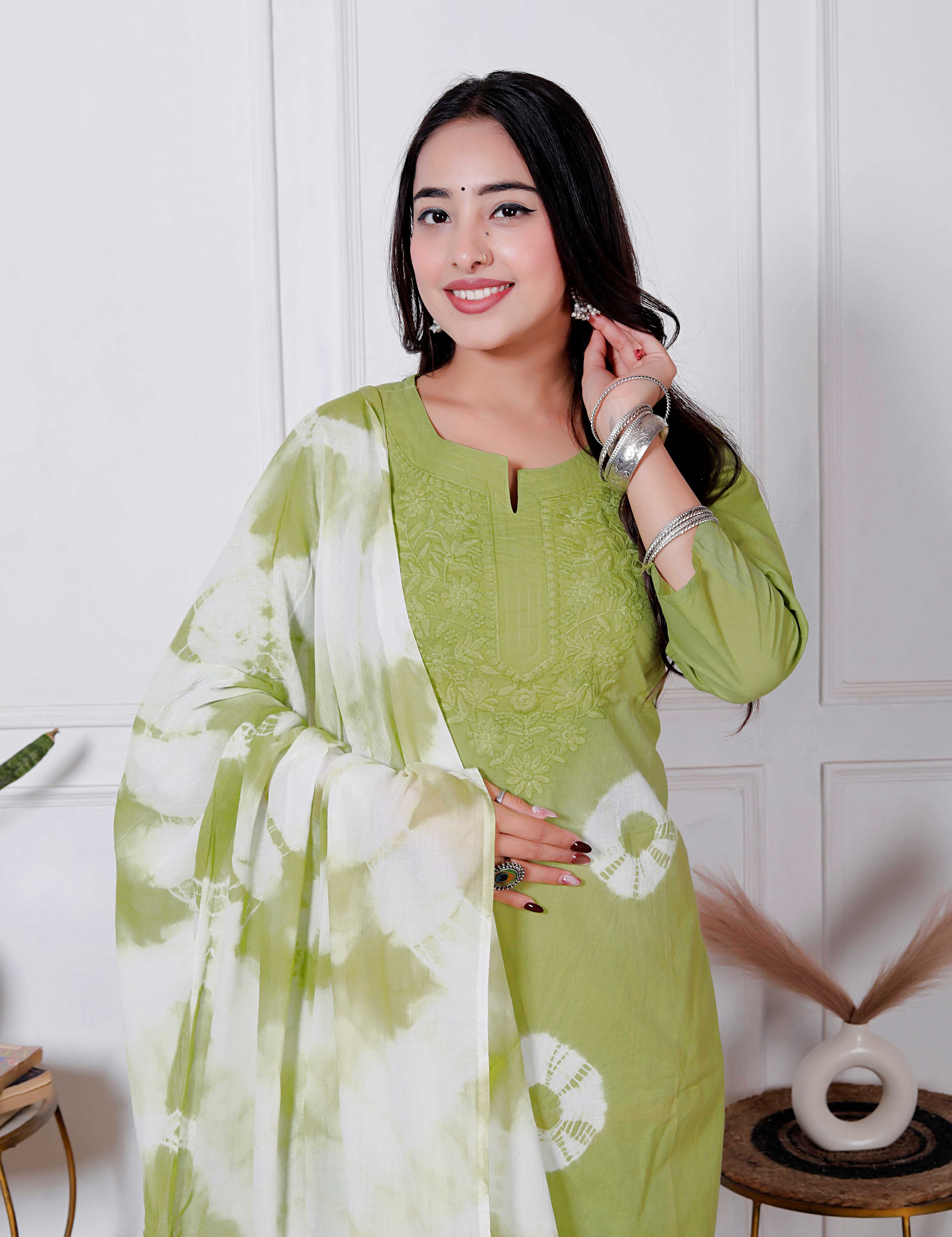 AAVARI Women’s Lime Green Embroidered Kurta Pant Set with Shibori Printed Dupatta | Straight Fit Ethnic Suit Set | Festive & Casual Wear