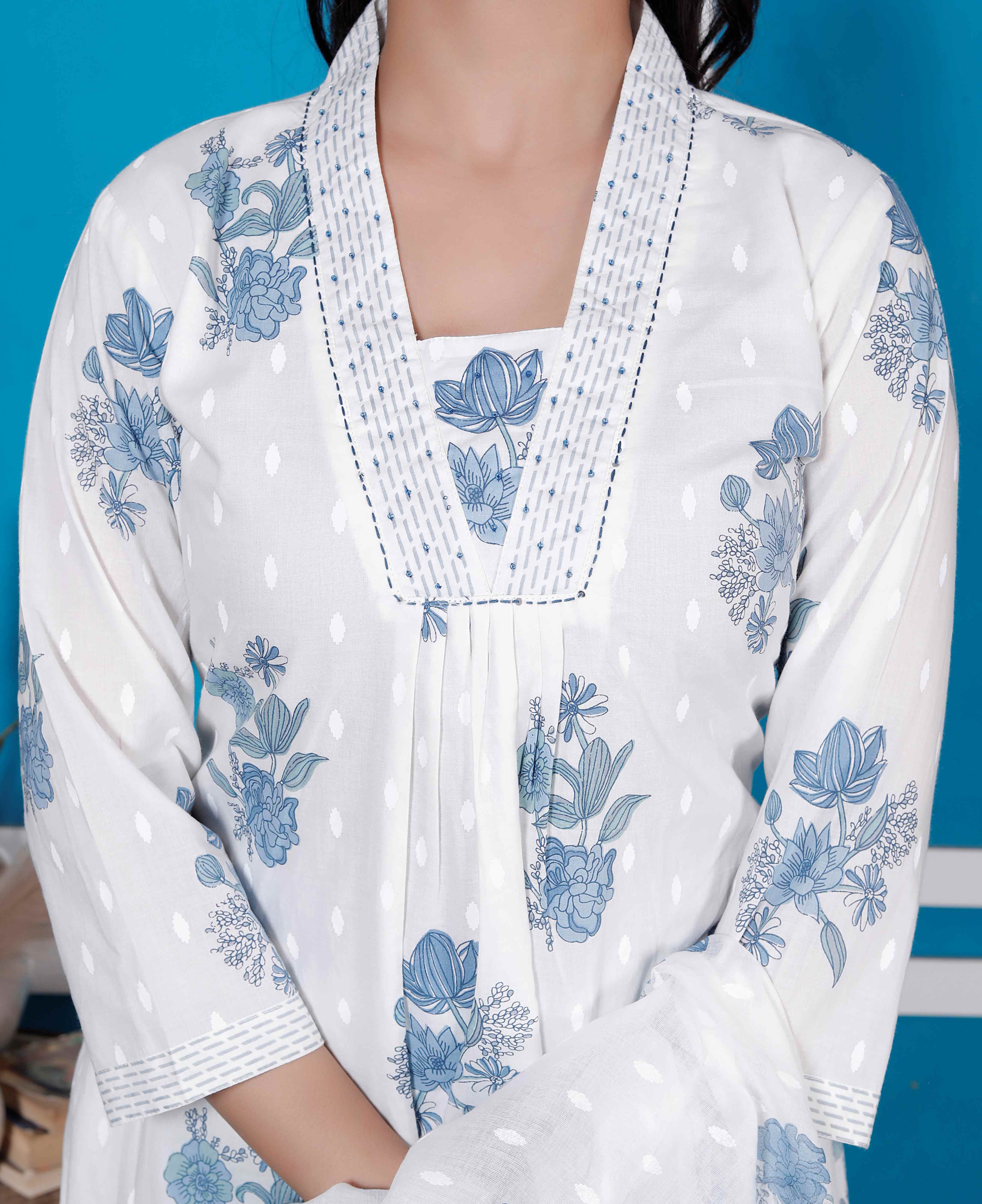 AAVARI Women’s White & Blue Floral Printed Anarkali Kurta Palazzo Set with Dupatta | Ethnic Cotton Suit Set | Festive & Casual Wear