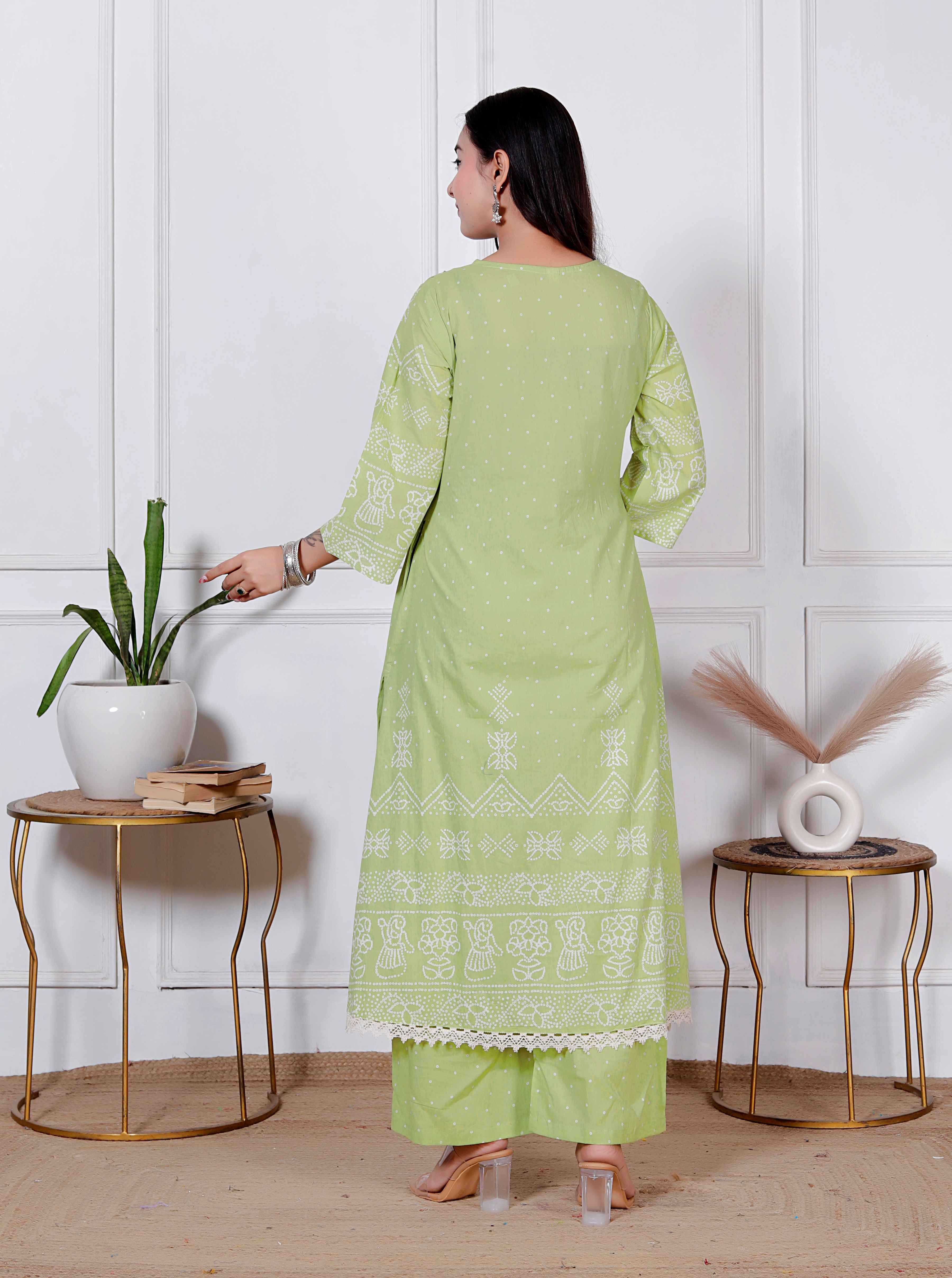 AAVARI Women’s Pistachio Green Printed Kurta Palazzo Set with Dupatta | Embroidered Straight Fit Ethnic Suit Set | Festive & Casual Wear