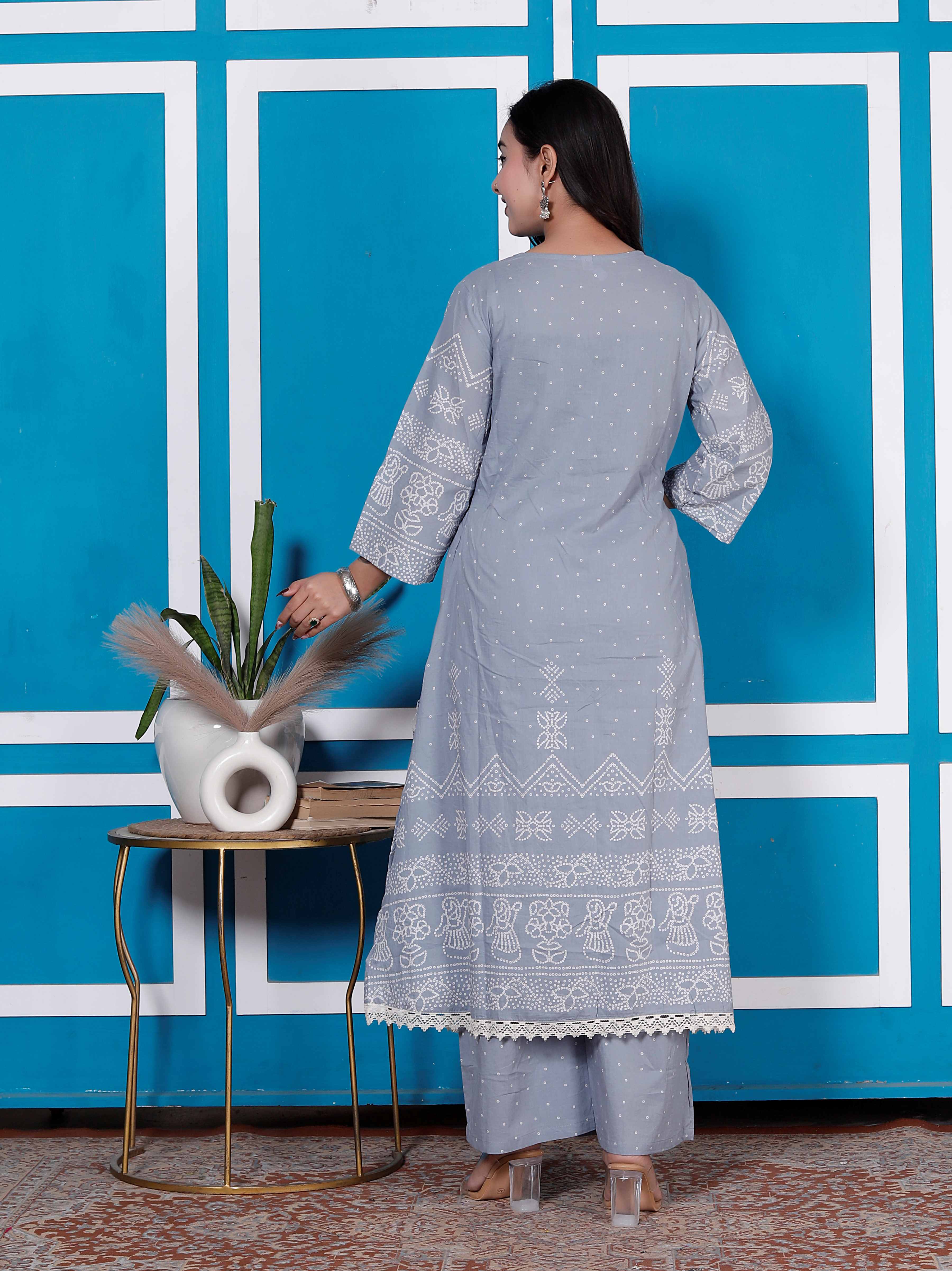 AAVARI Women’s Lavender Grey Embroidered Kurta Palazzo Set with Dupatta | Straight Fit Ethnic Suit Set | Festive & Casual Wear