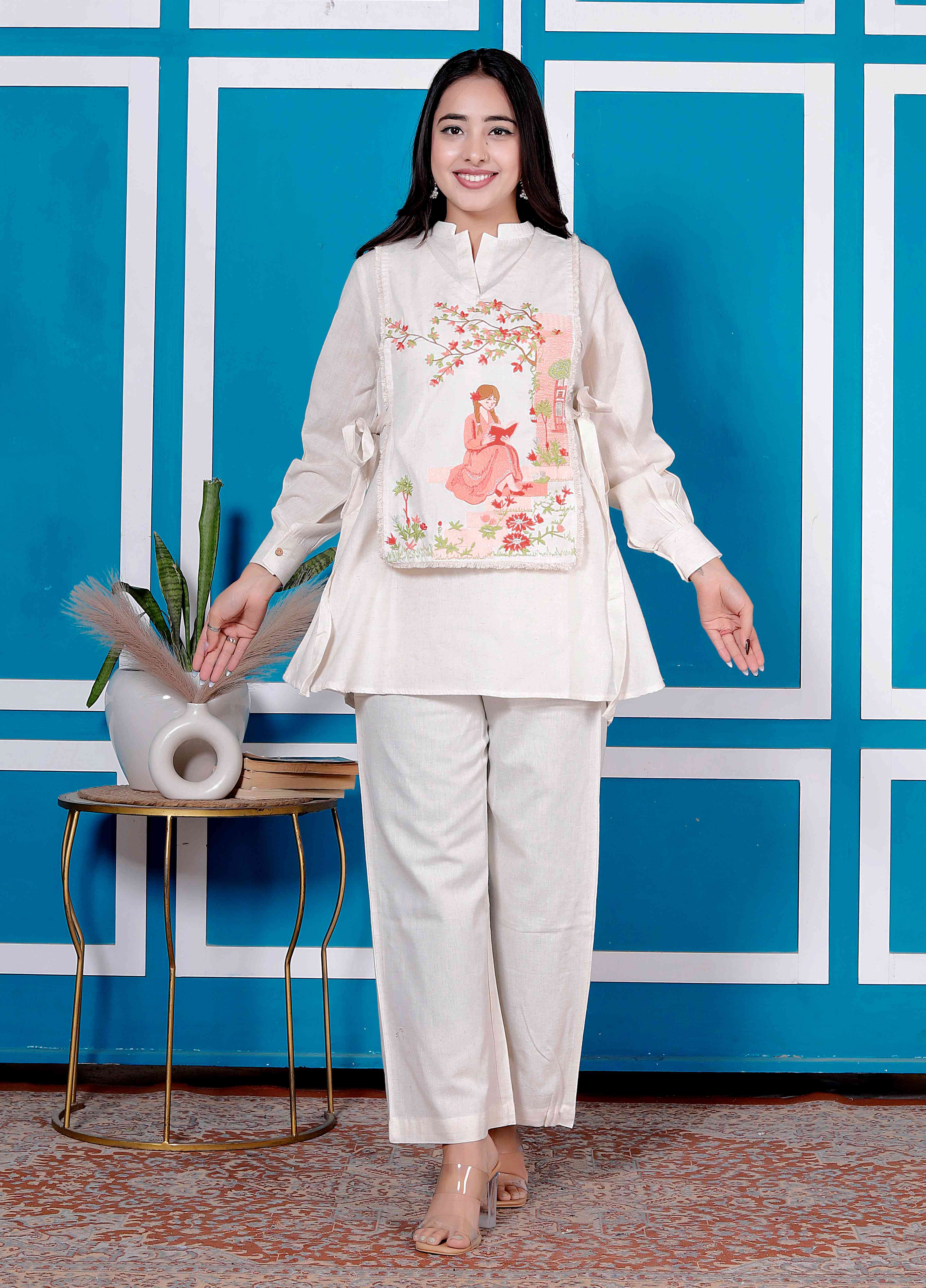 AAVARI Women’s Ivory White Printed Co-Ord Set | Designer Tunic Top with Straight Pants | Casual Chic Western Wear for Women