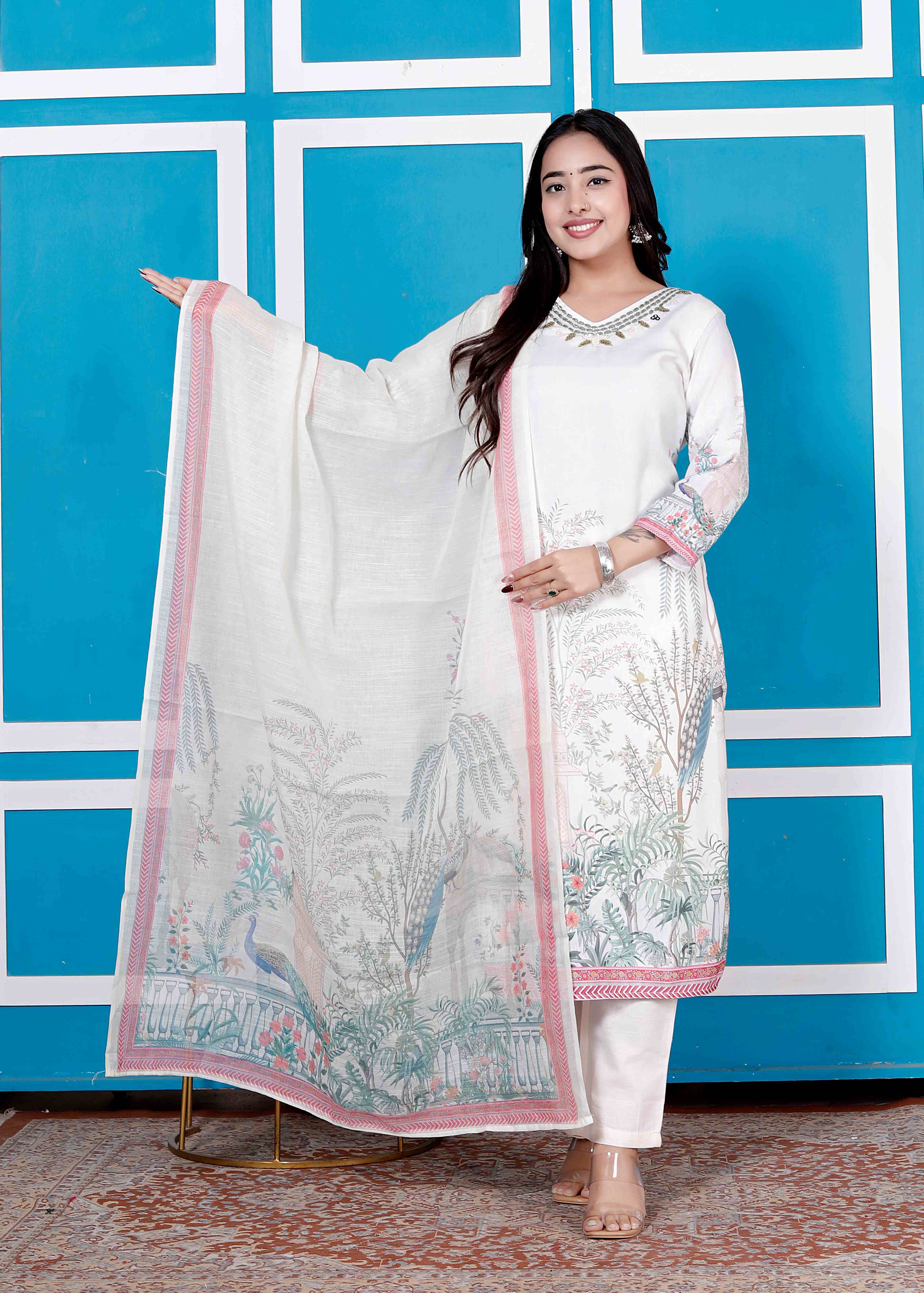 AAVARI Women’s White Floral Printed Kurta Pant Set with Scenic Printed Dupatta | Straight Fit Ethnic Suit Set | Festive & Casual Wear