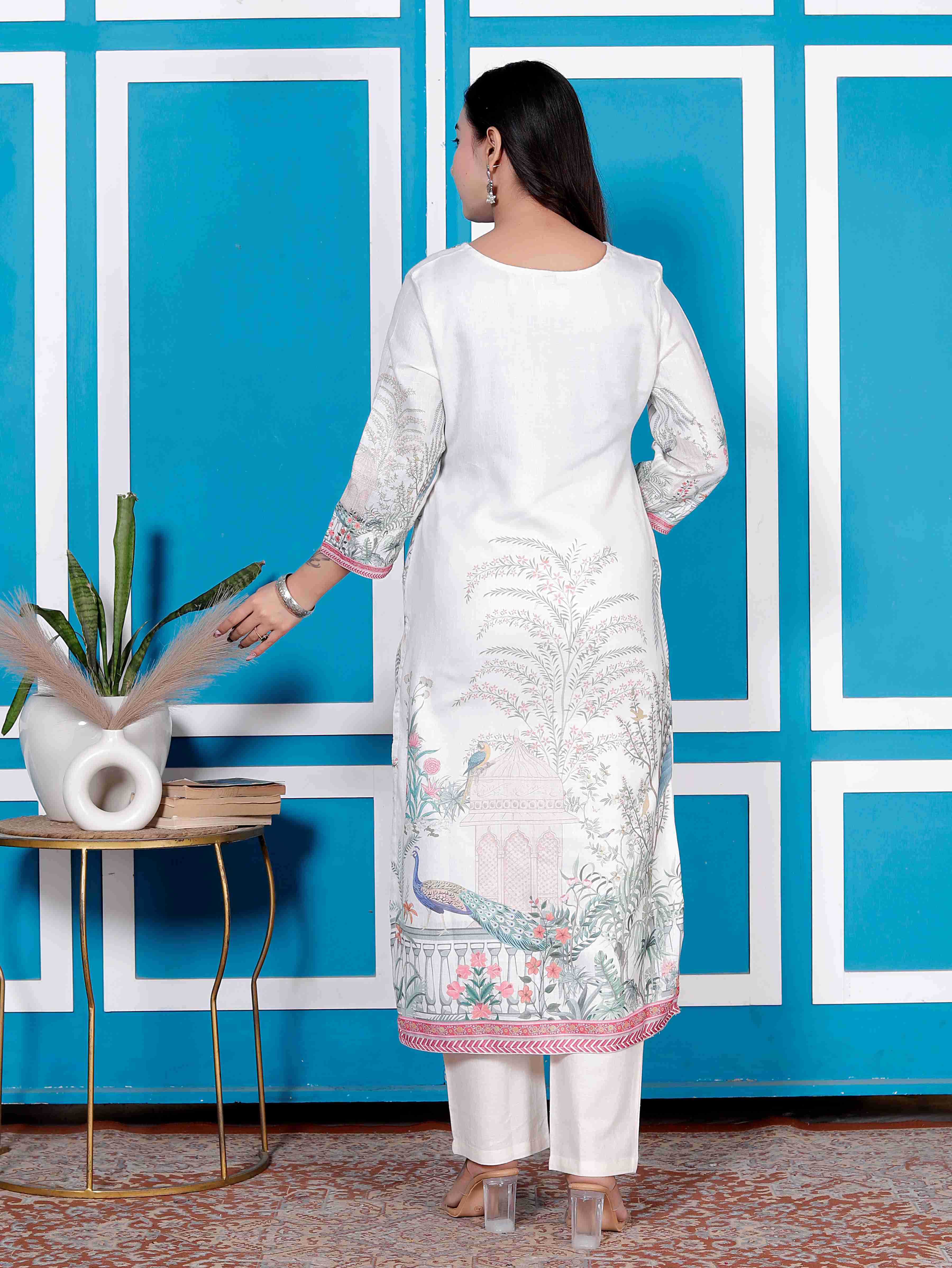 AAVARI Women’s White Floral Printed Kurta Pant Set with Scenic Printed Dupatta | Straight Fit Ethnic Suit Set | Festive & Casual Wear