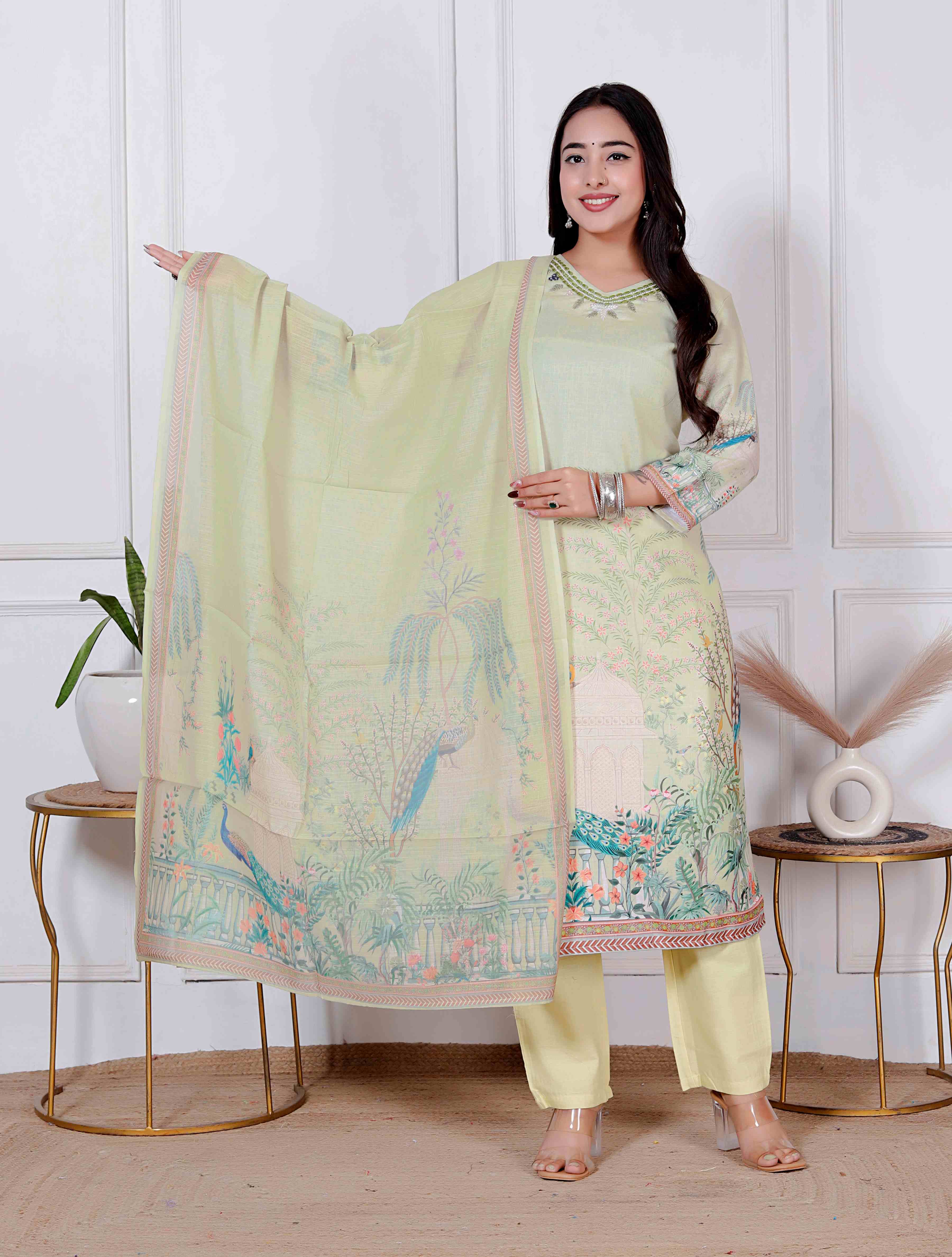AAVARI Women’s Pastel Yellow Floral Printed Kurta Pant Set with Scenic Printed Dupatta | Straight Fit Ethnic Suit Set | Festive & Casual Wear