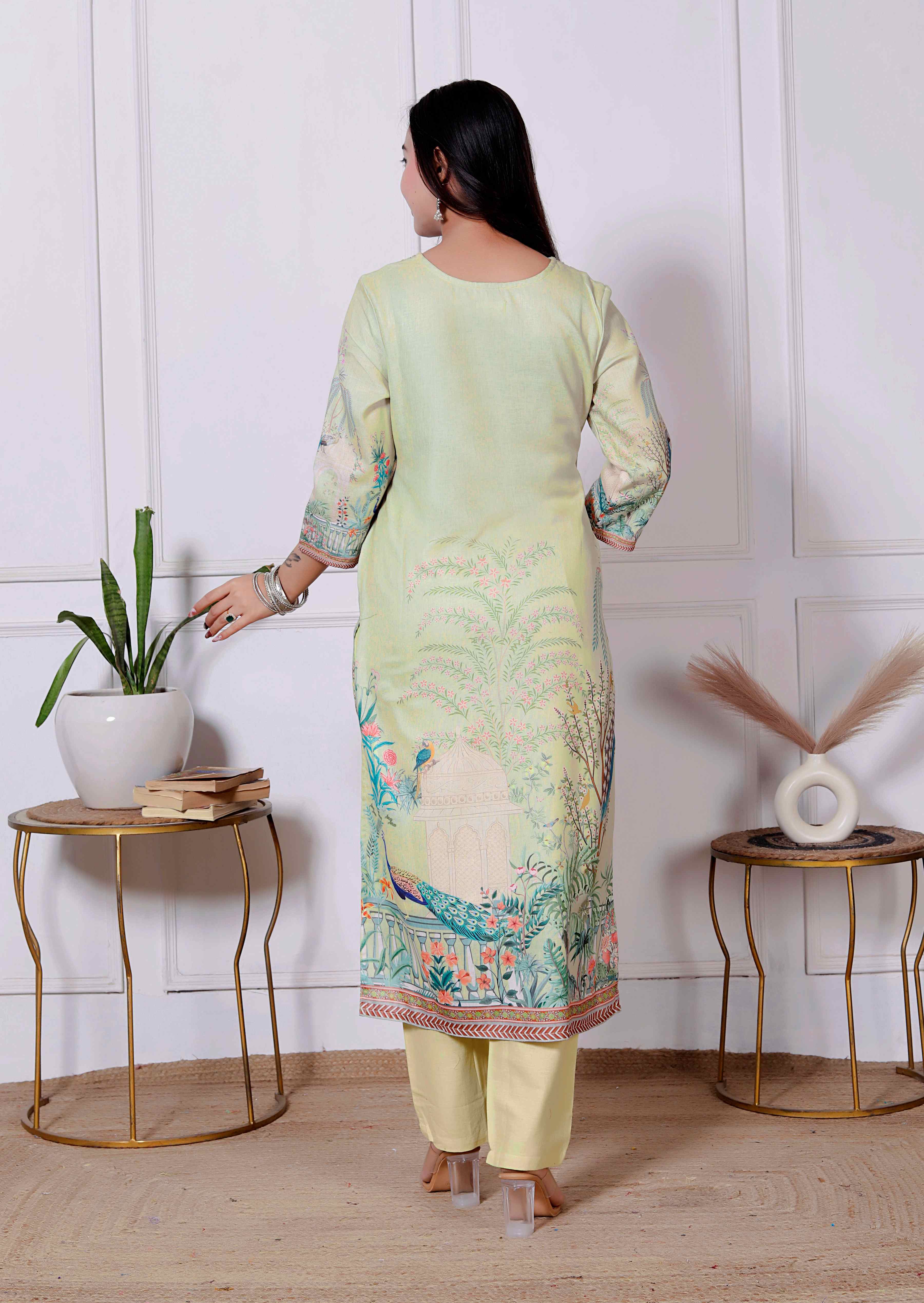 AAVARI Women’s Pastel Yellow Floral Printed Kurta Pant Set with Scenic Printed Dupatta | Straight Fit Ethnic Suit Set | Festive & Casual Wear