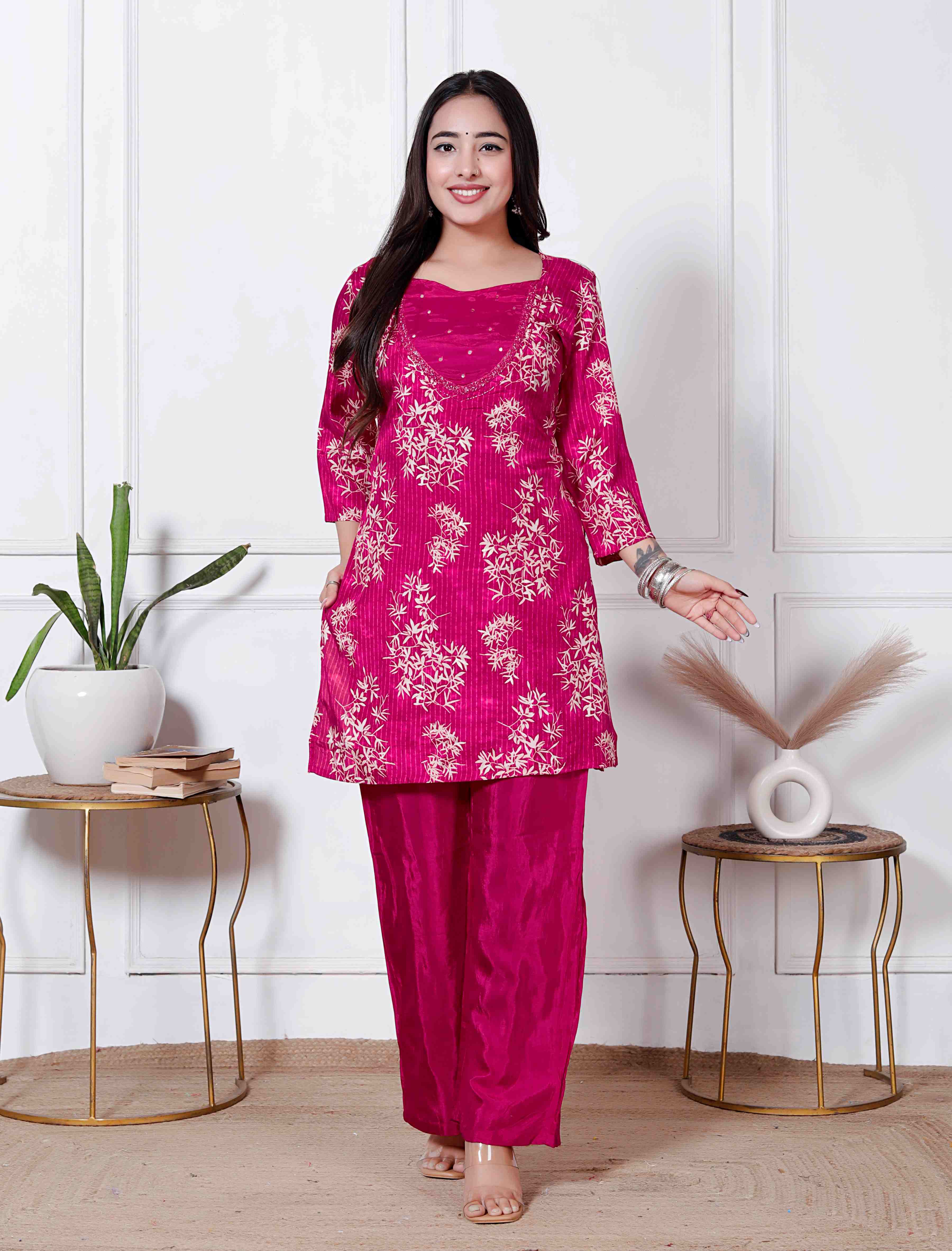 AAVARI Women’s Rani Pink Floral Printed Kurta Palazzo Set | Straight Fit Ethnic Co-Ord Set for Women | Festive & Casual Wear