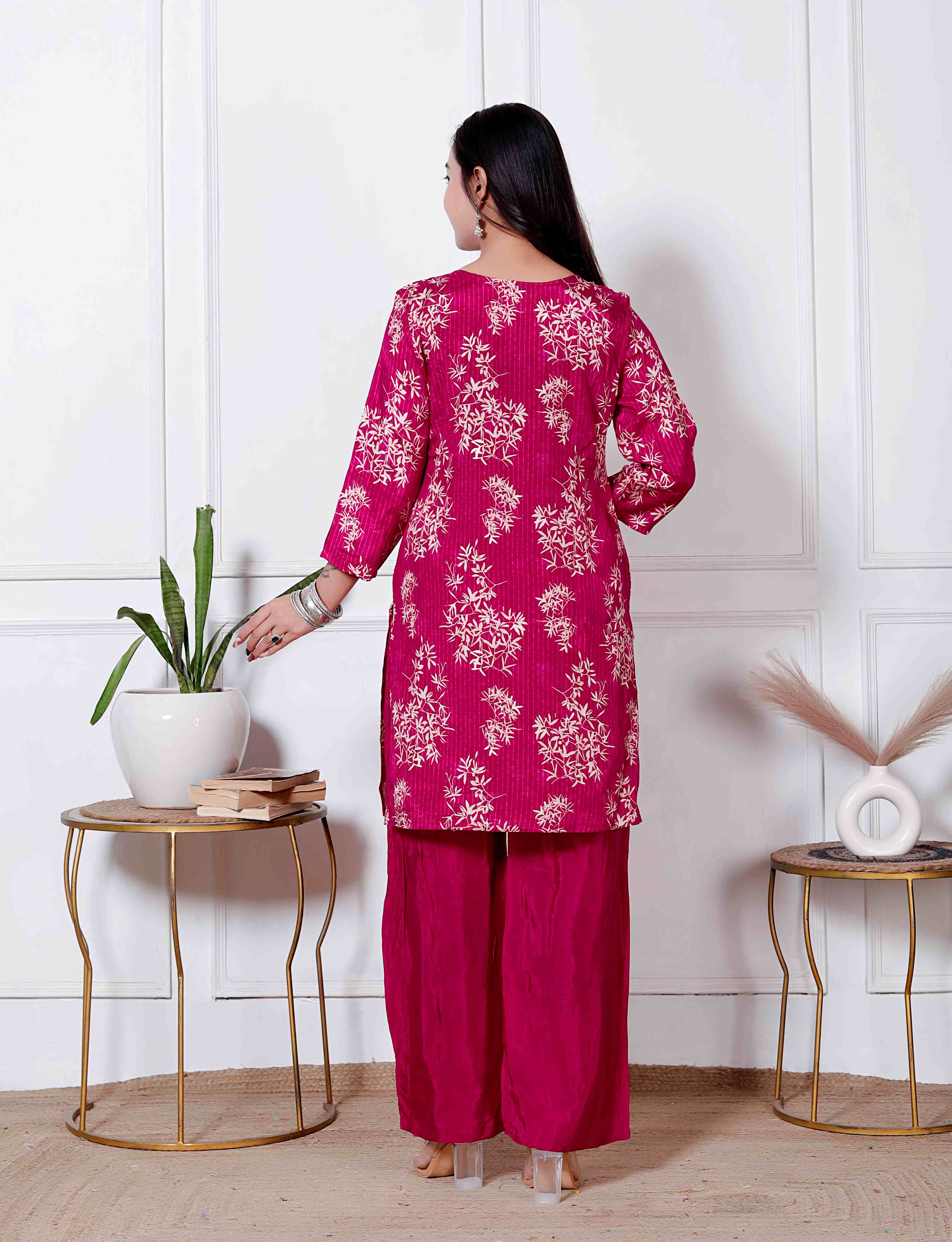 AAVARI Women’s Rani Pink Floral Printed Kurta Palazzo Set | Straight Fit Ethnic Co-Ord Set for Women | Festive & Casual Wear