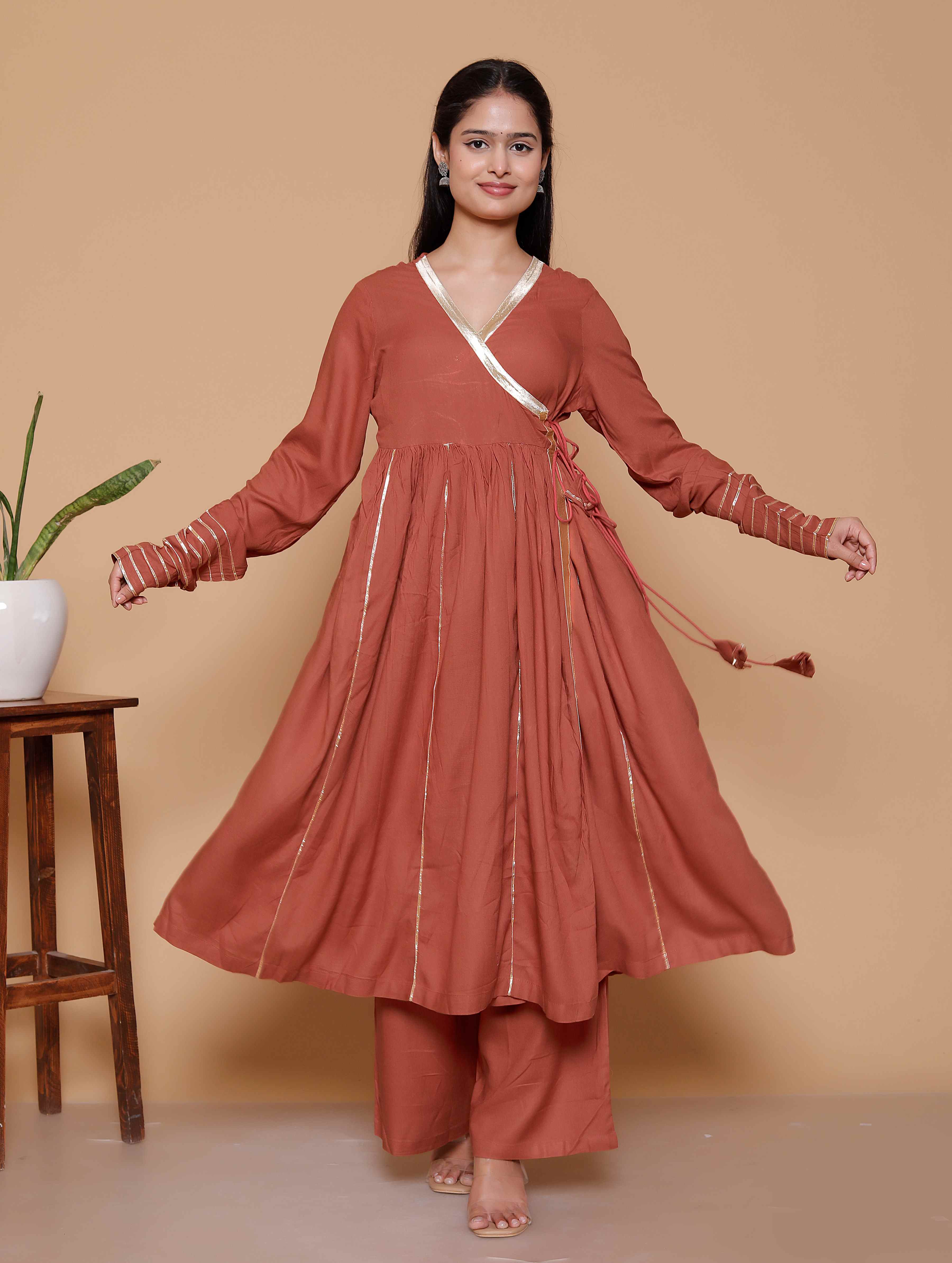 AAVARI Women’s Rust Brown Anarkali Kurta with Palazzo Set | Elegant V-Neck Ethnic Co-Ord Set with Golden Lace Detailing