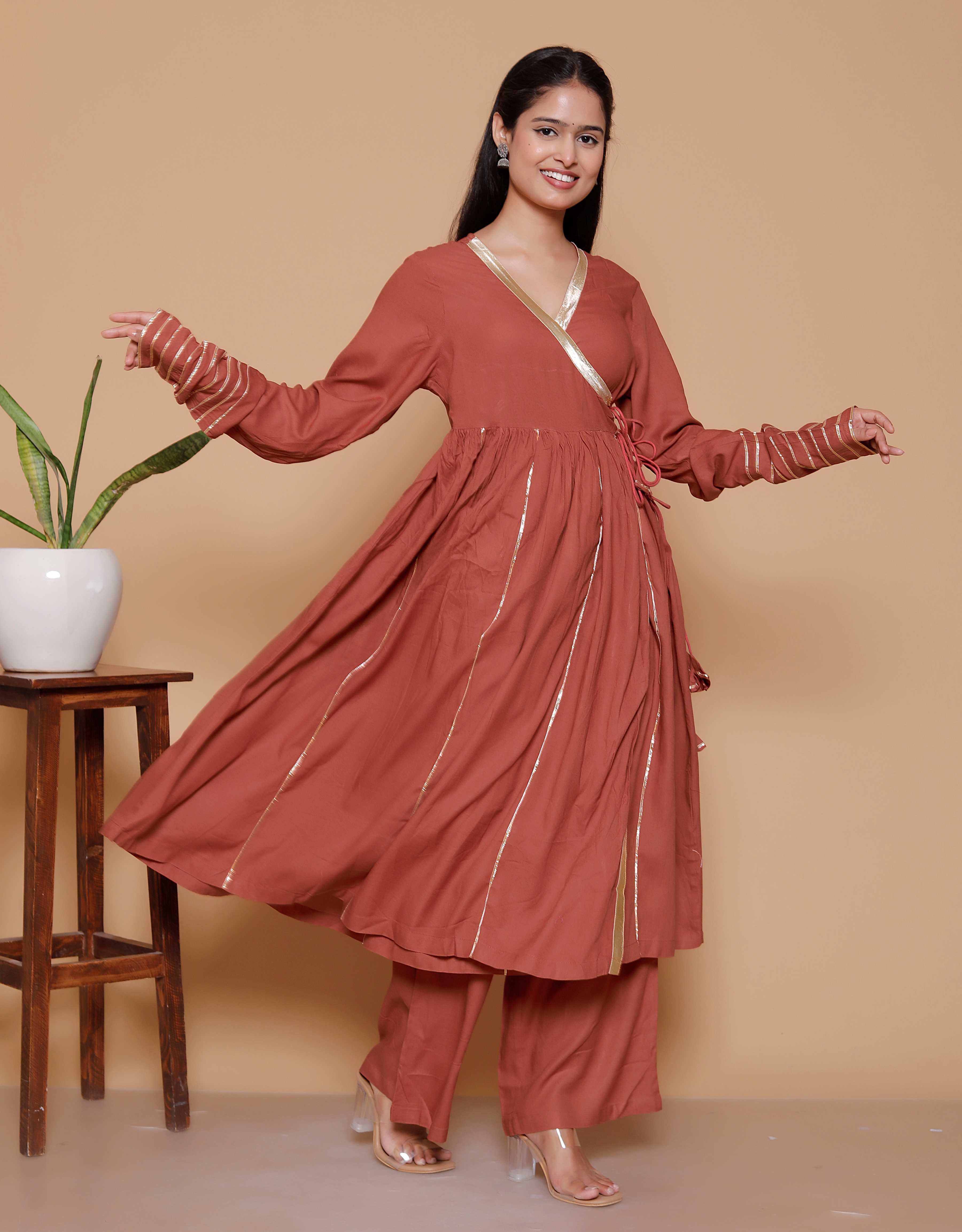 AAVARI Women’s Rust Brown Anarkali Kurta with Palazzo Set | Elegant V-Neck Ethnic Co-Ord Set with Golden Lace Detailing