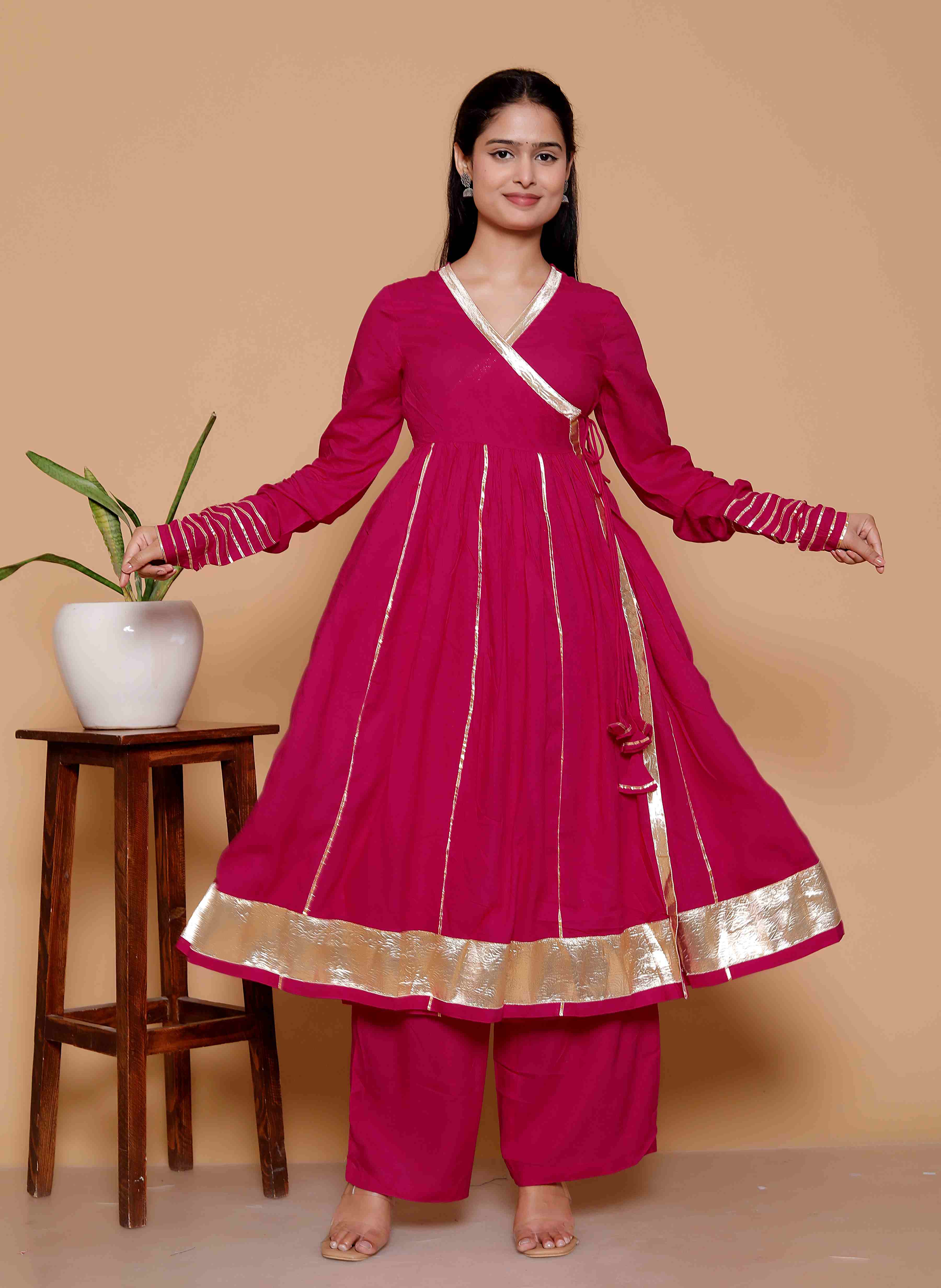 AAVARI Women’s Rani Pink Anarkali Kurta with Palazzo Set | Ethnic Flared Kurta Set with Golden Border & V-Neck Design