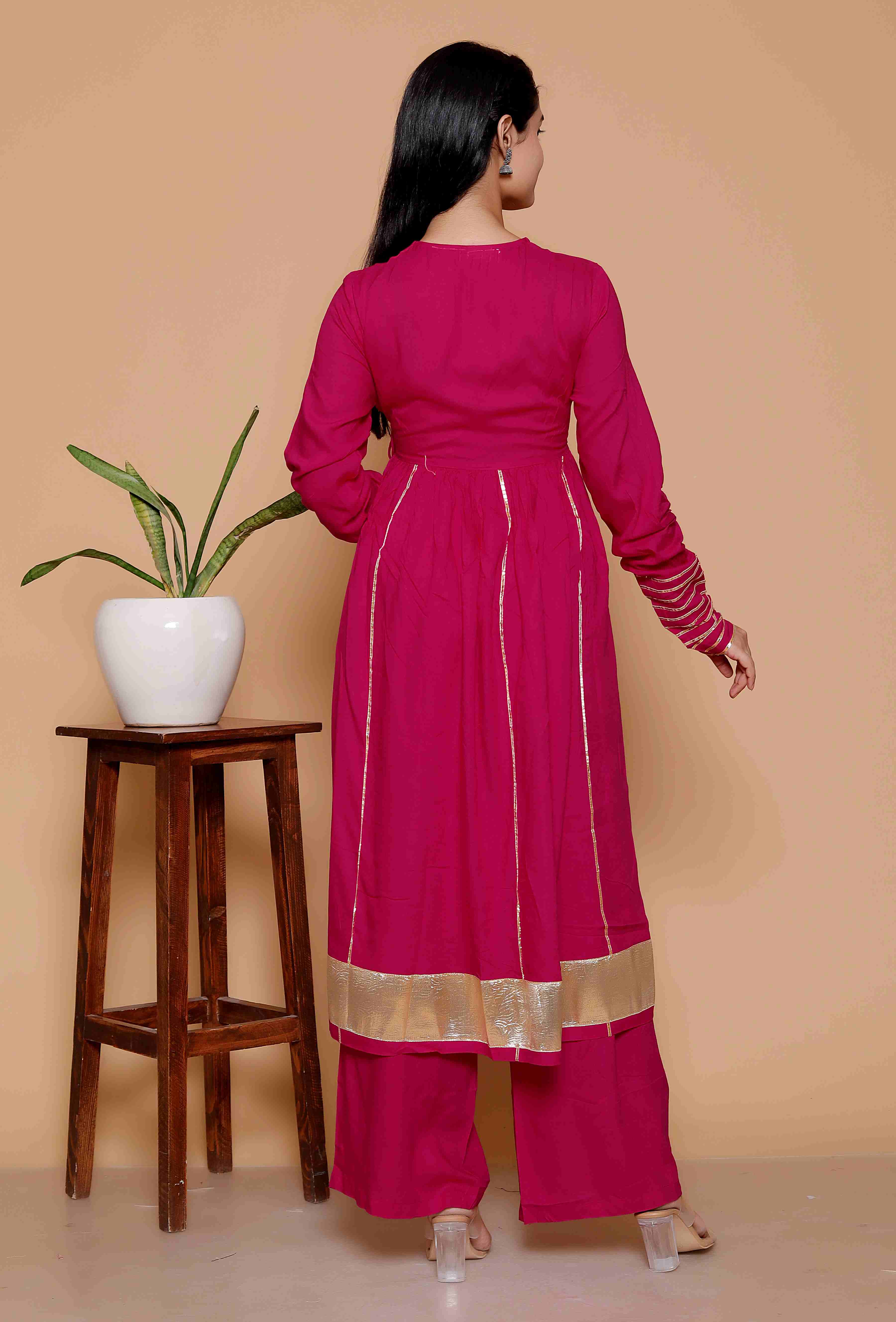 AAVARI Women’s Rani Pink Anarkali Kurta with Palazzo Set | Ethnic Flared Kurta Set with Golden Border & V-Neck Design