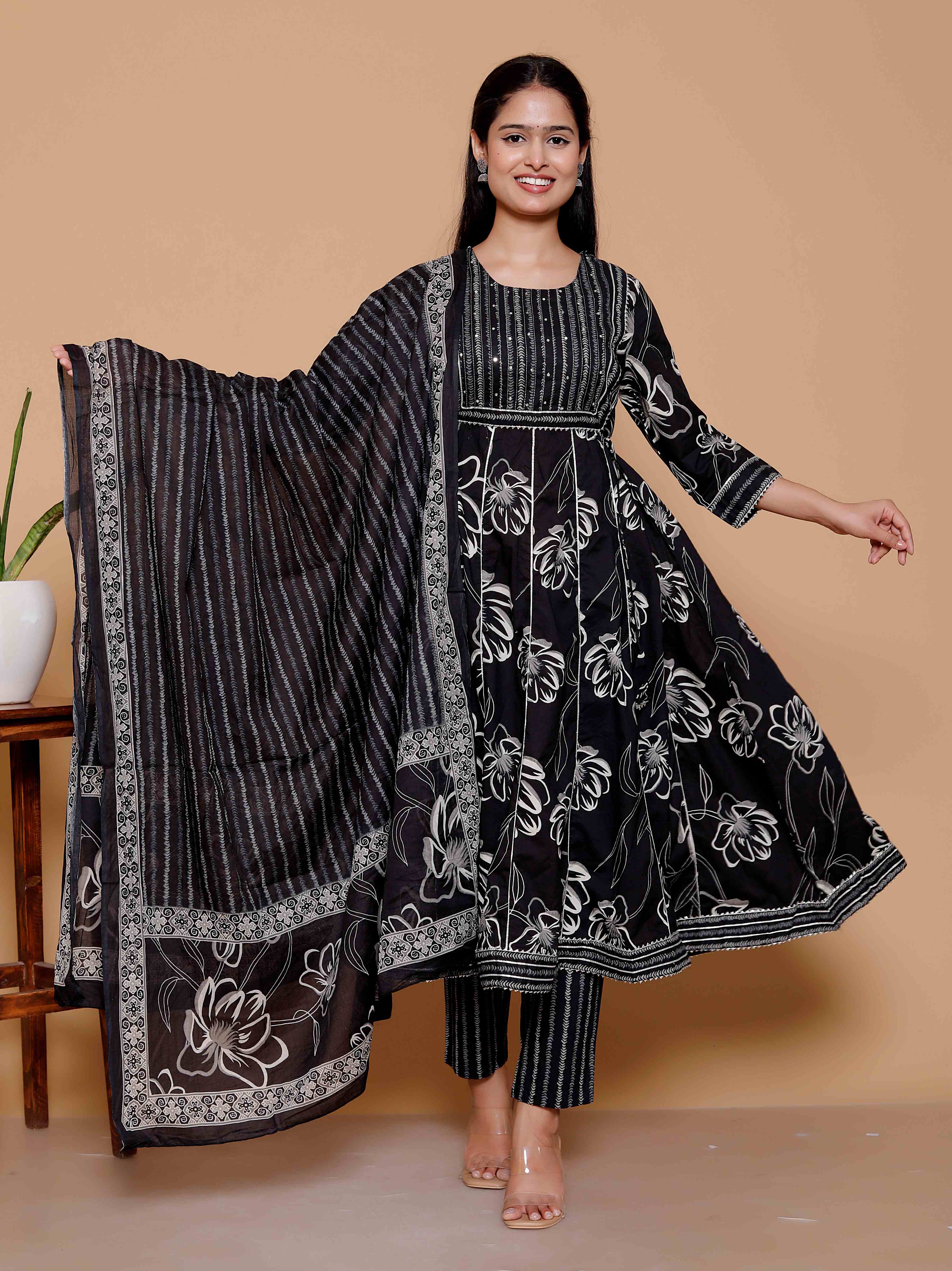 AAVARI Women’s Black Floral Printed Anarkali Kurta Set with Dupatta | Traditional Printed Straight Kurta 3-Piece Suit Set