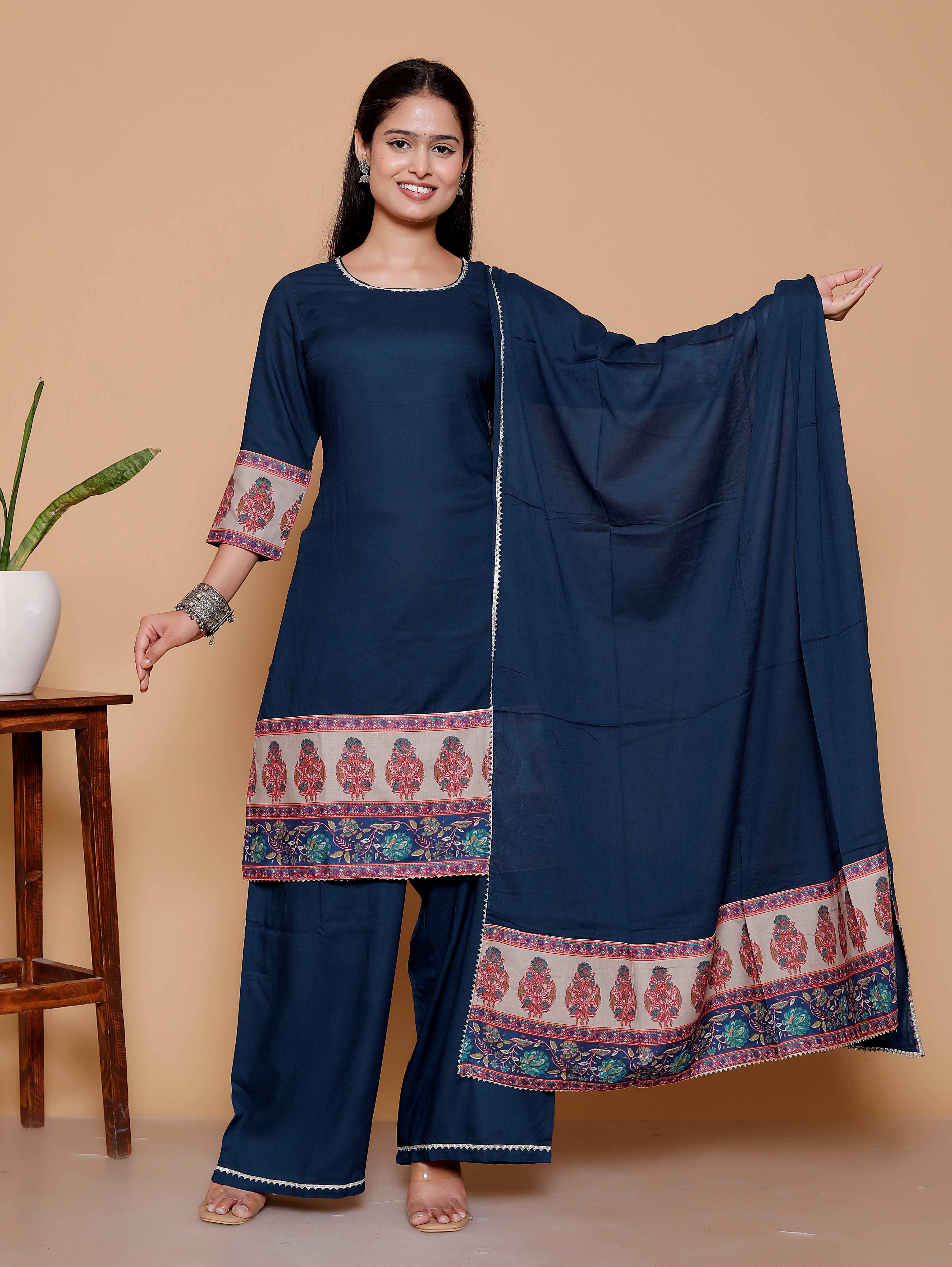 AAVARI Women’s Navy Blue Printed Kurta Palazzo Set with Dupatta  | Elegant Ethnic 3-Piece Suit Set for Women