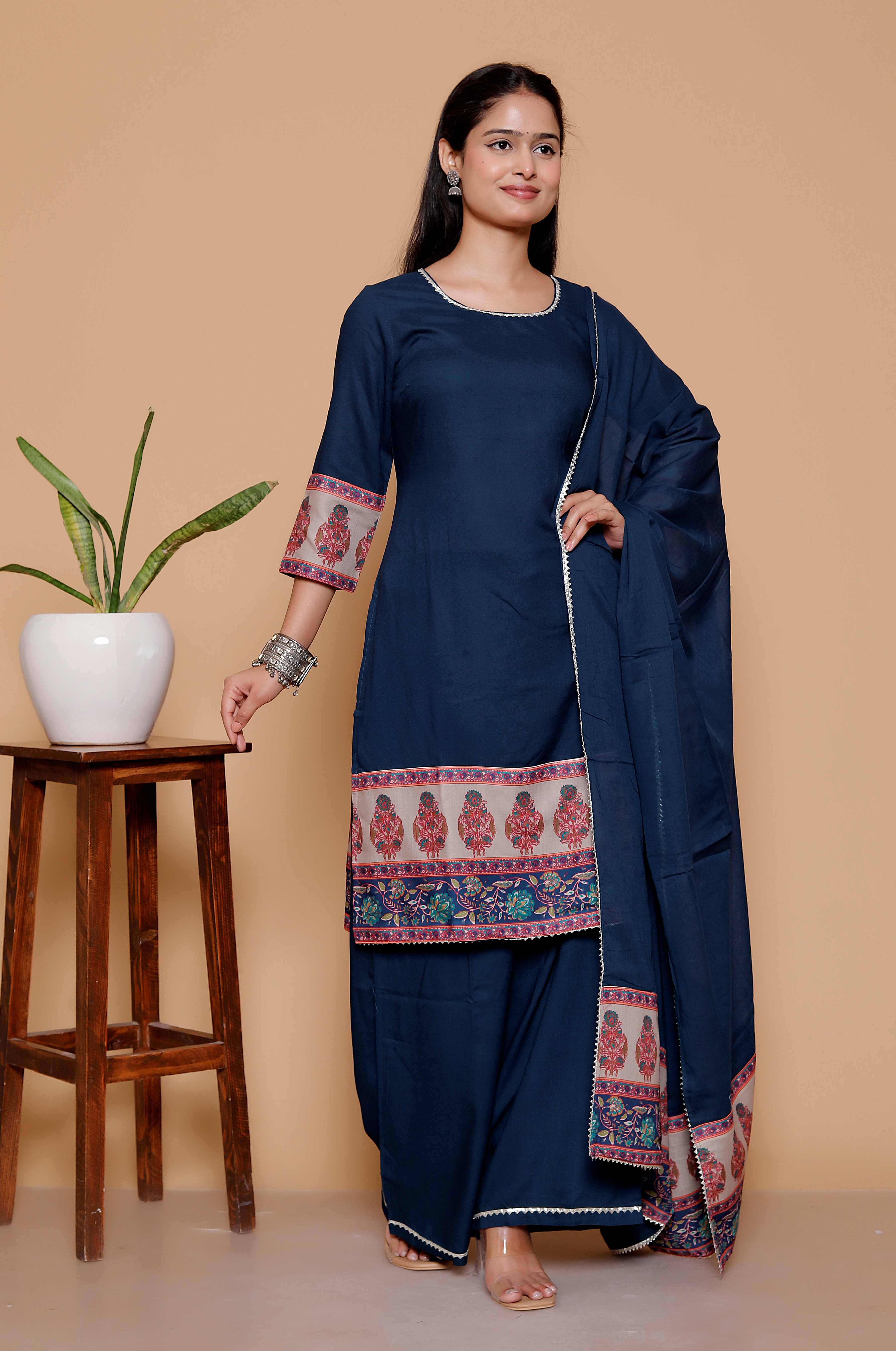 AAVARI Women’s Navy Blue Printed Kurta Palazzo Set with Dupatta  | Elegant Ethnic 3-Piece Suit Set for Women