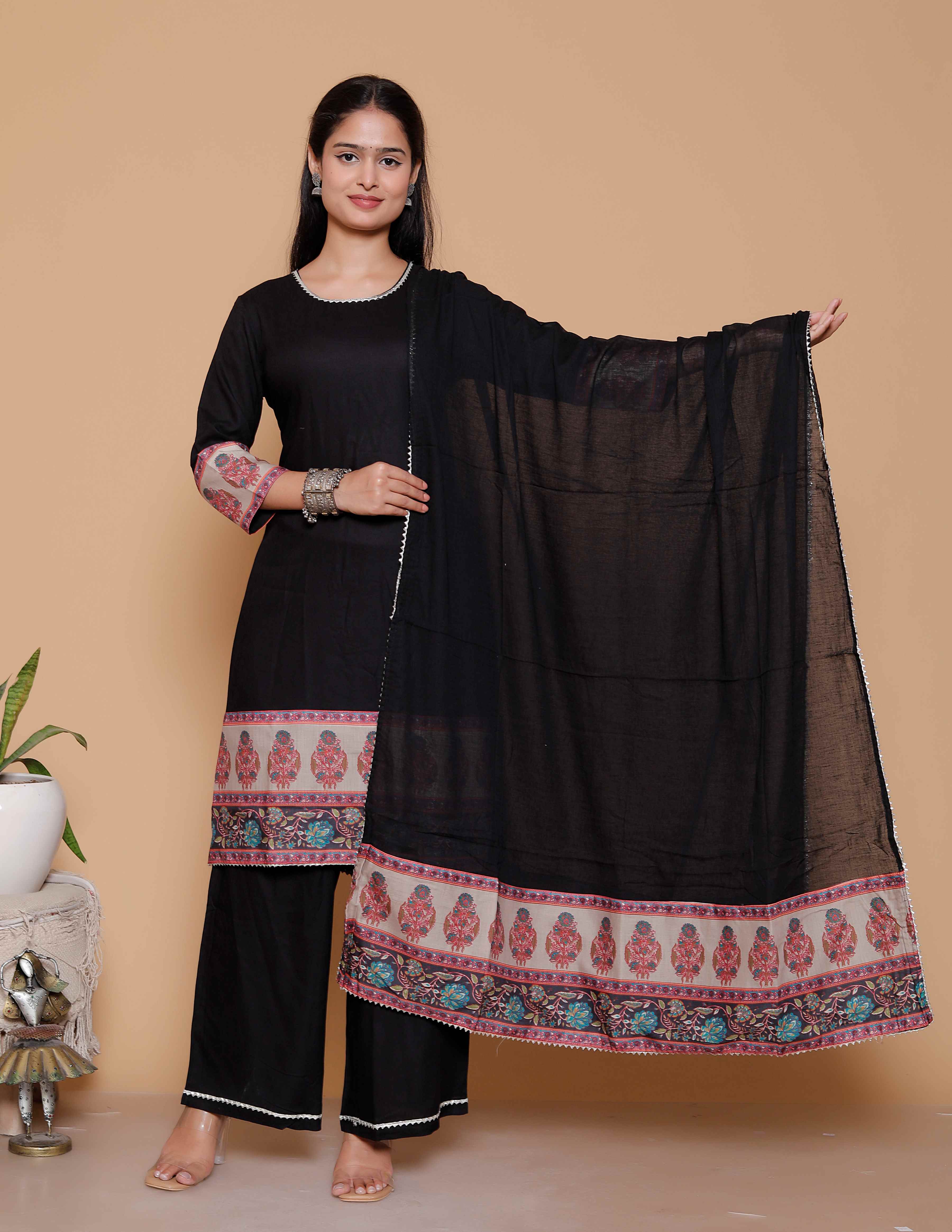 AAVARI Women’s Black Ethnic Kurta Palazzo Set with Dupatta