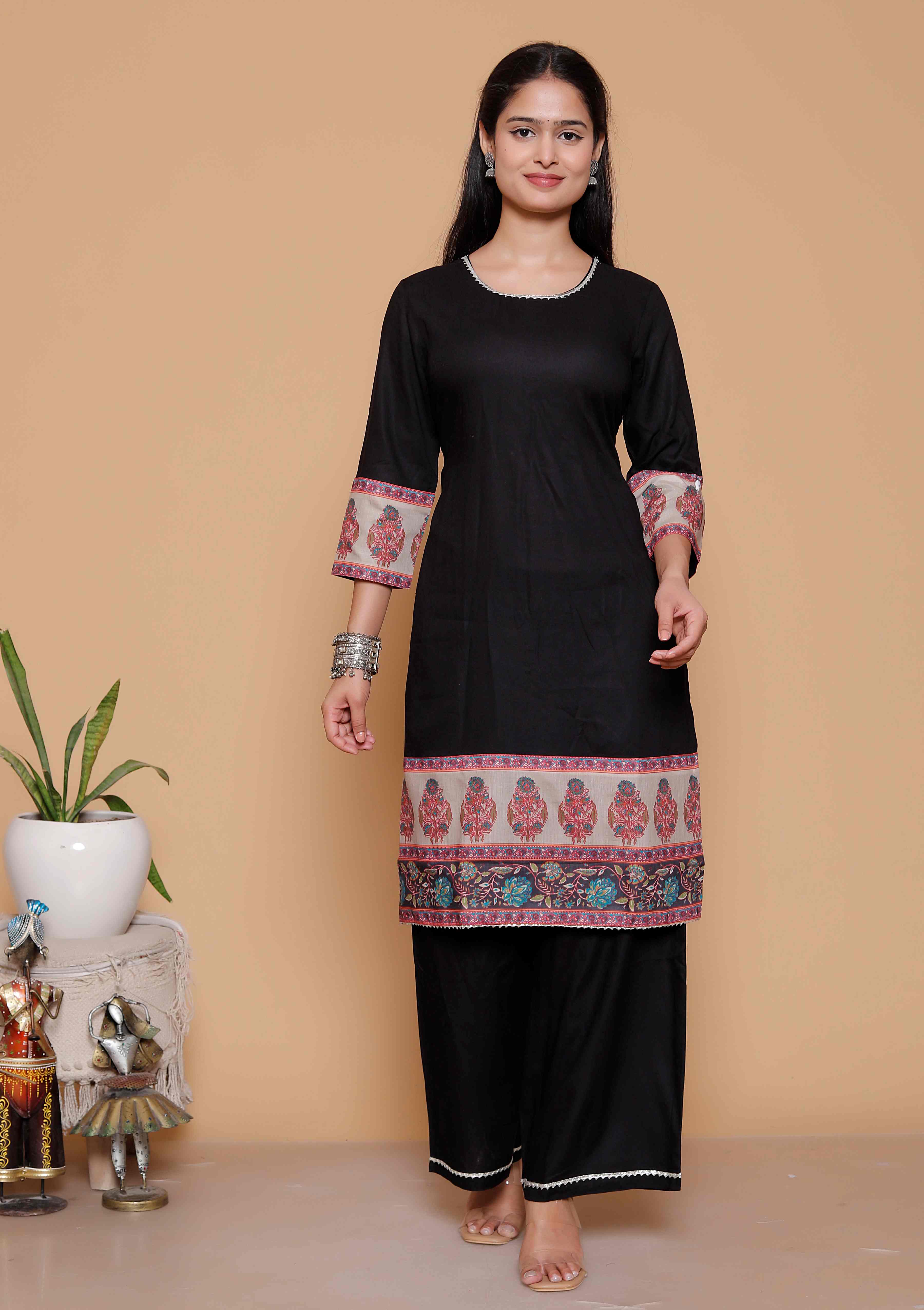AAVARI Women’s Black Ethnic Kurta Palazzo Set with Dupatta