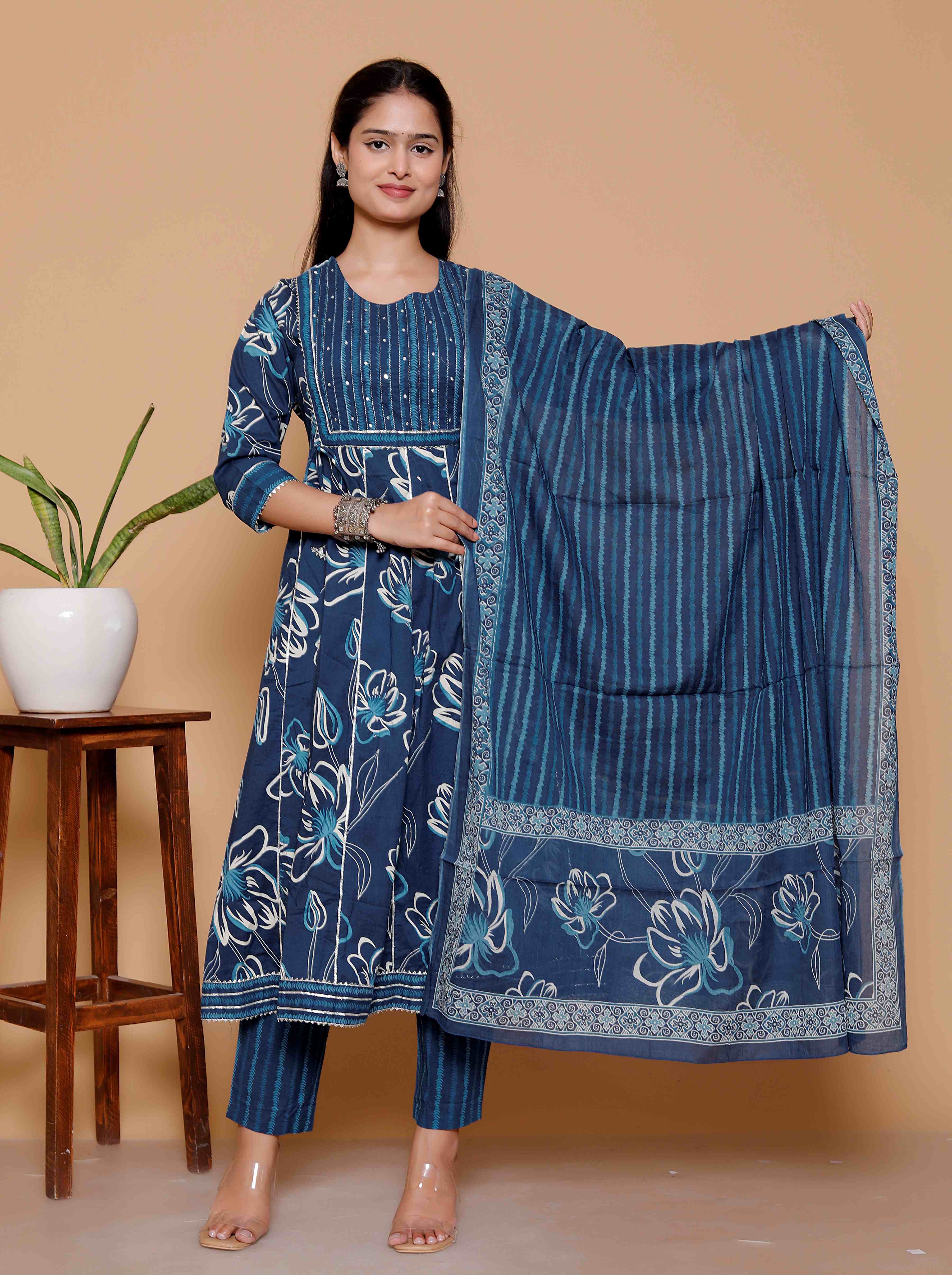 AAVARI Women’s Blue Floral Printed Anarkali Kurta Set with Dupatta | Ethnic Kurta Palazzo 3-Piece Suit Set