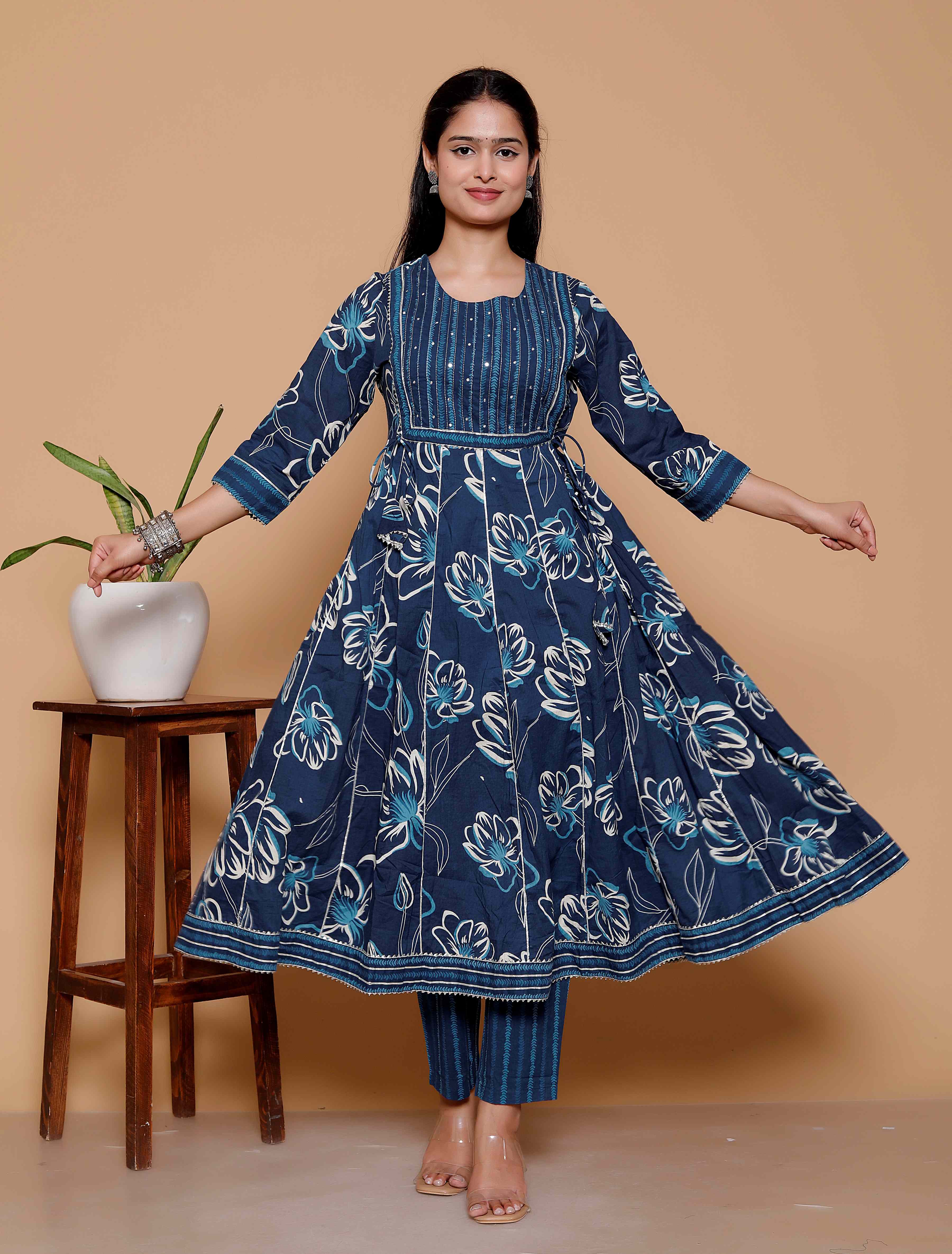 AAVARI Women’s Blue Floral Printed Anarkali Kurta Set with Dupatta | Ethnic Kurta Palazzo 3-Piece Suit Set