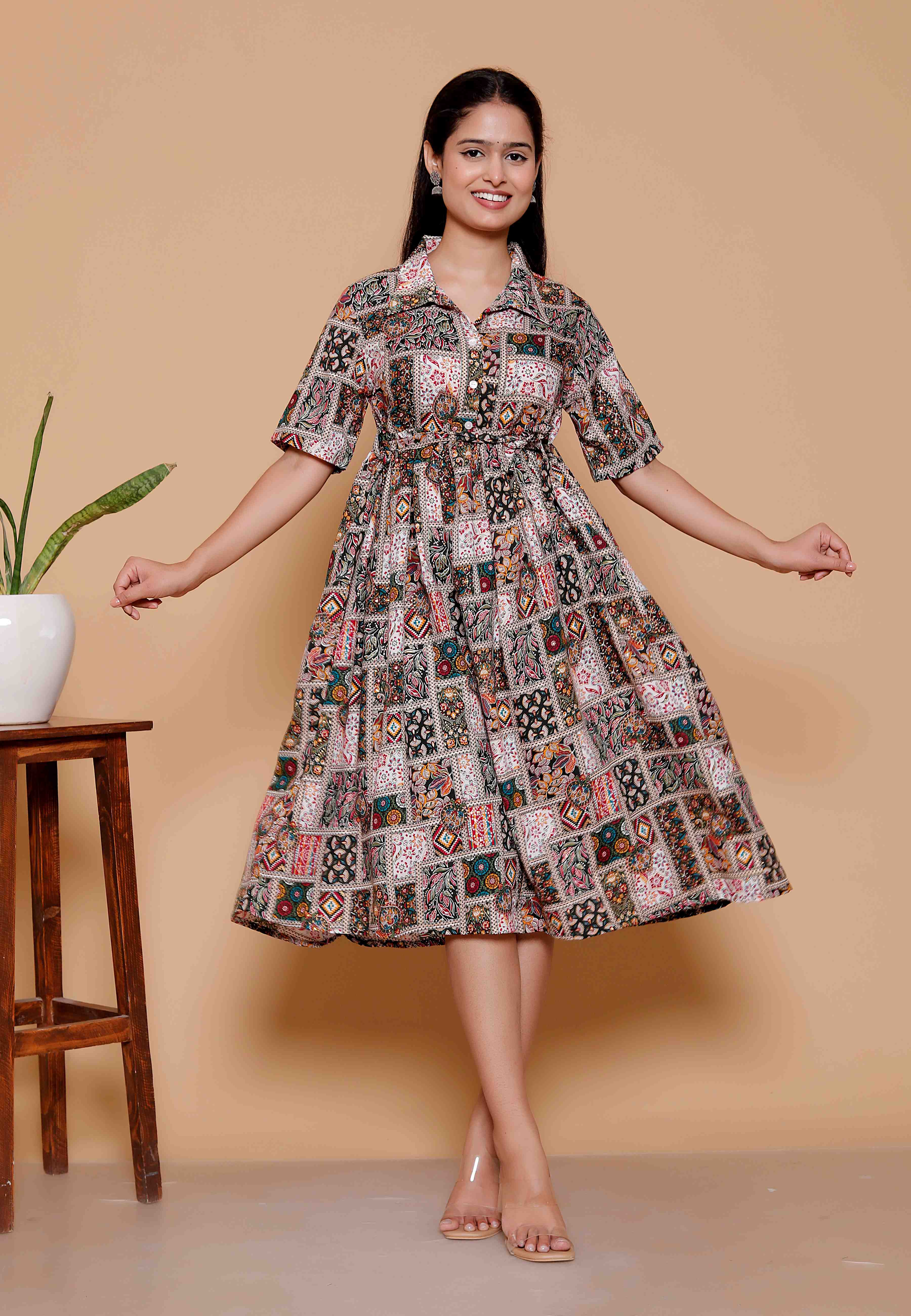 AAVARI Women’s Multicolor Printed Fit & Flare Midi Dress | Boho Ethnic Collared Casual Dress for Women