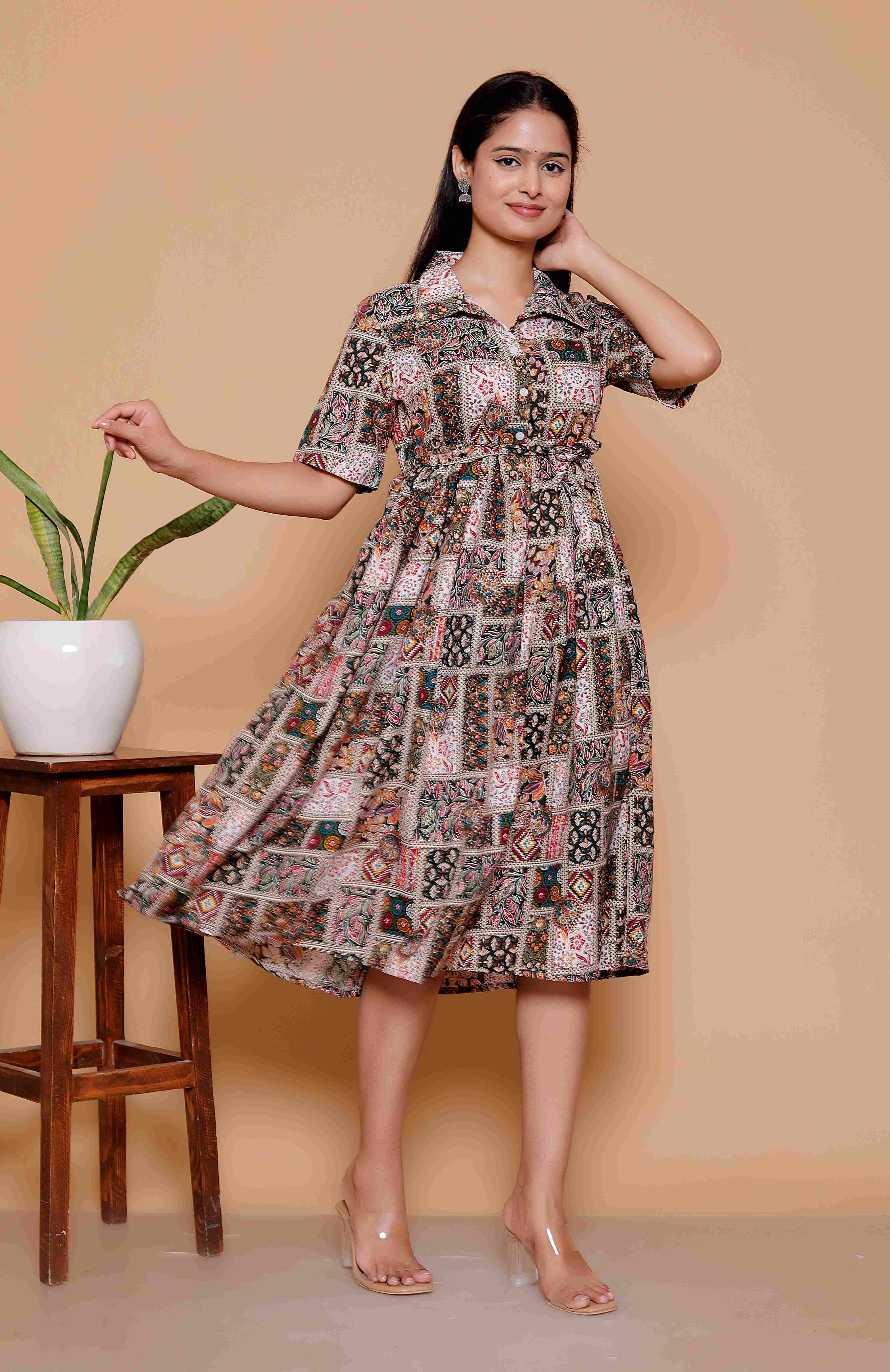 AAVARI Women’s Multicolor Printed Fit & Flare Midi Dress | Boho Ethnic Collared Casual Dress for Women