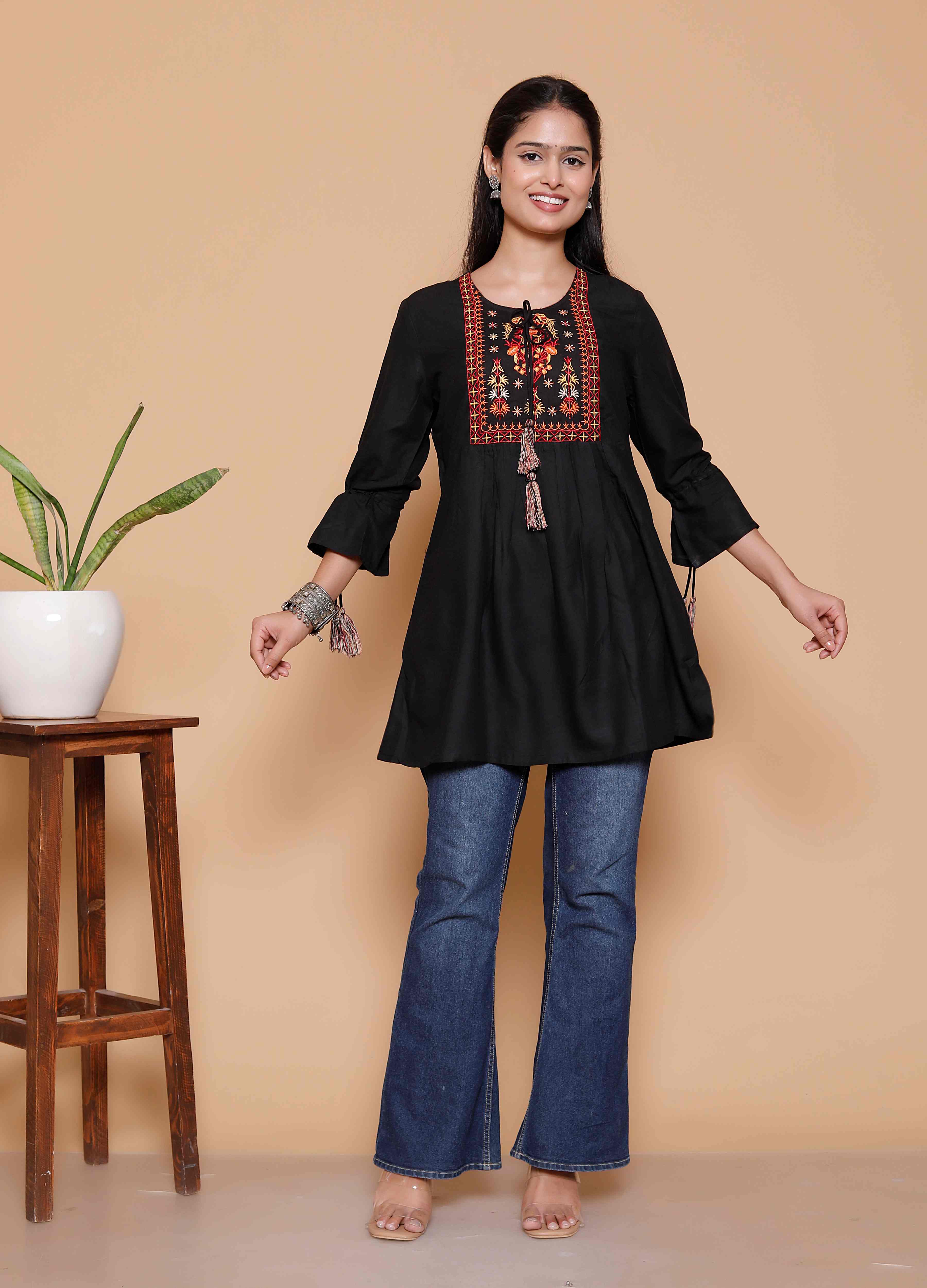 AAVARI Women’s Black Embroidered Peplum Top | Boho Ethnic Tunic Top with Tassel Detailing