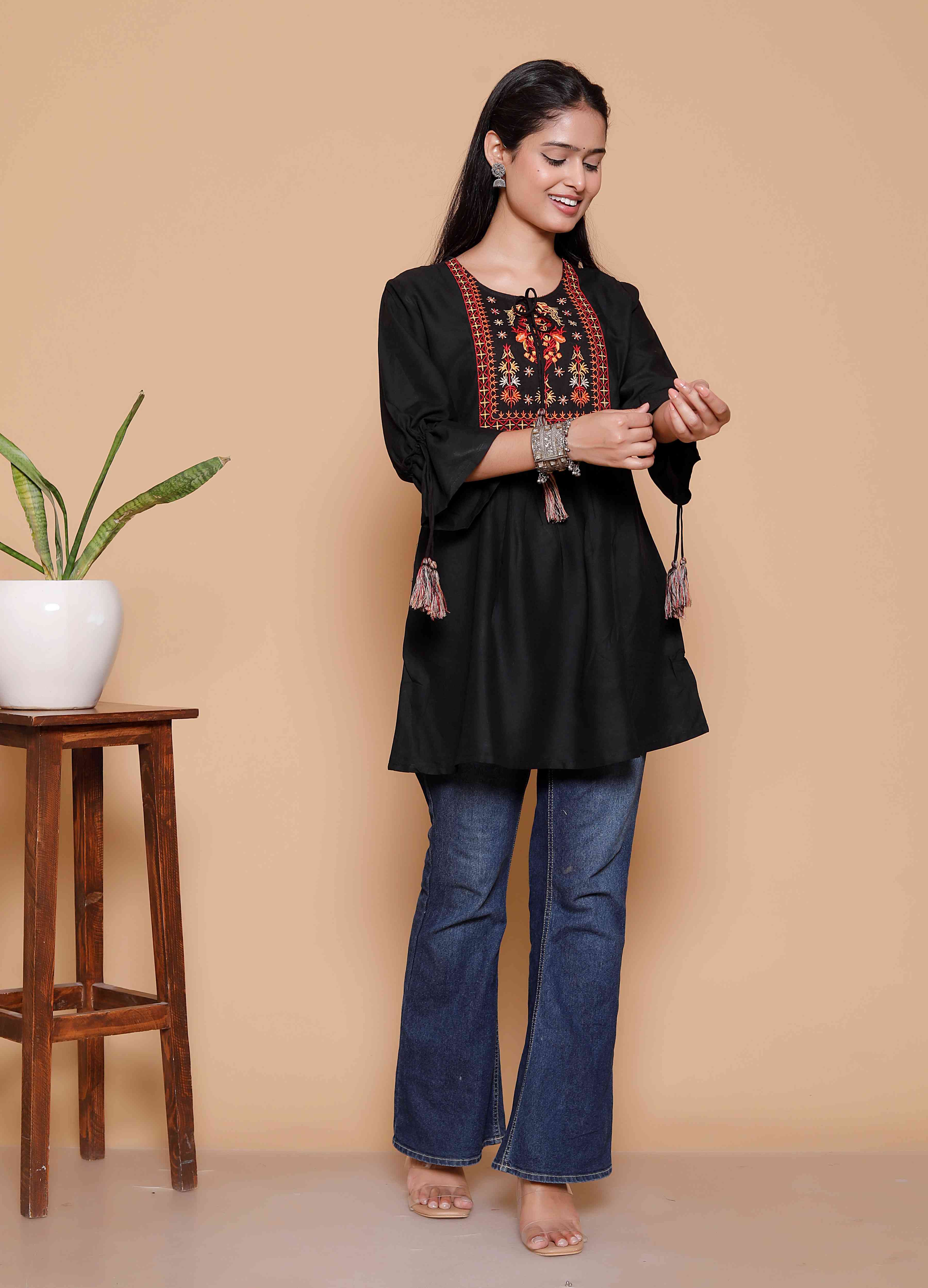 AAVARI Women’s Black Embroidered Peplum Top | Boho Ethnic Tunic Top with Tassel Detailing