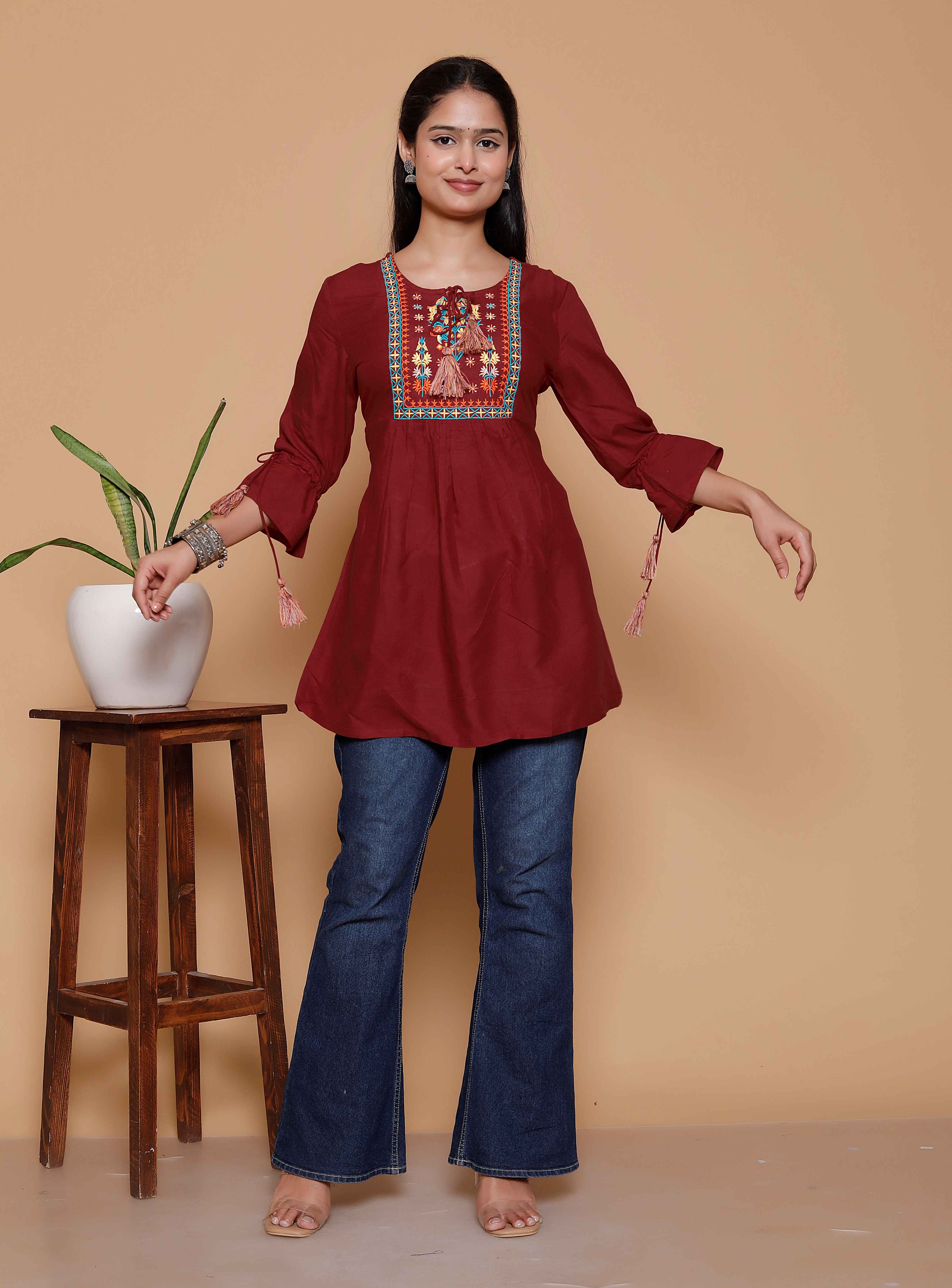 AAVARI Women’s Maroon Embroidered Tunic Top  | Boho Ethnic Peplum Top with Tassel Detailing