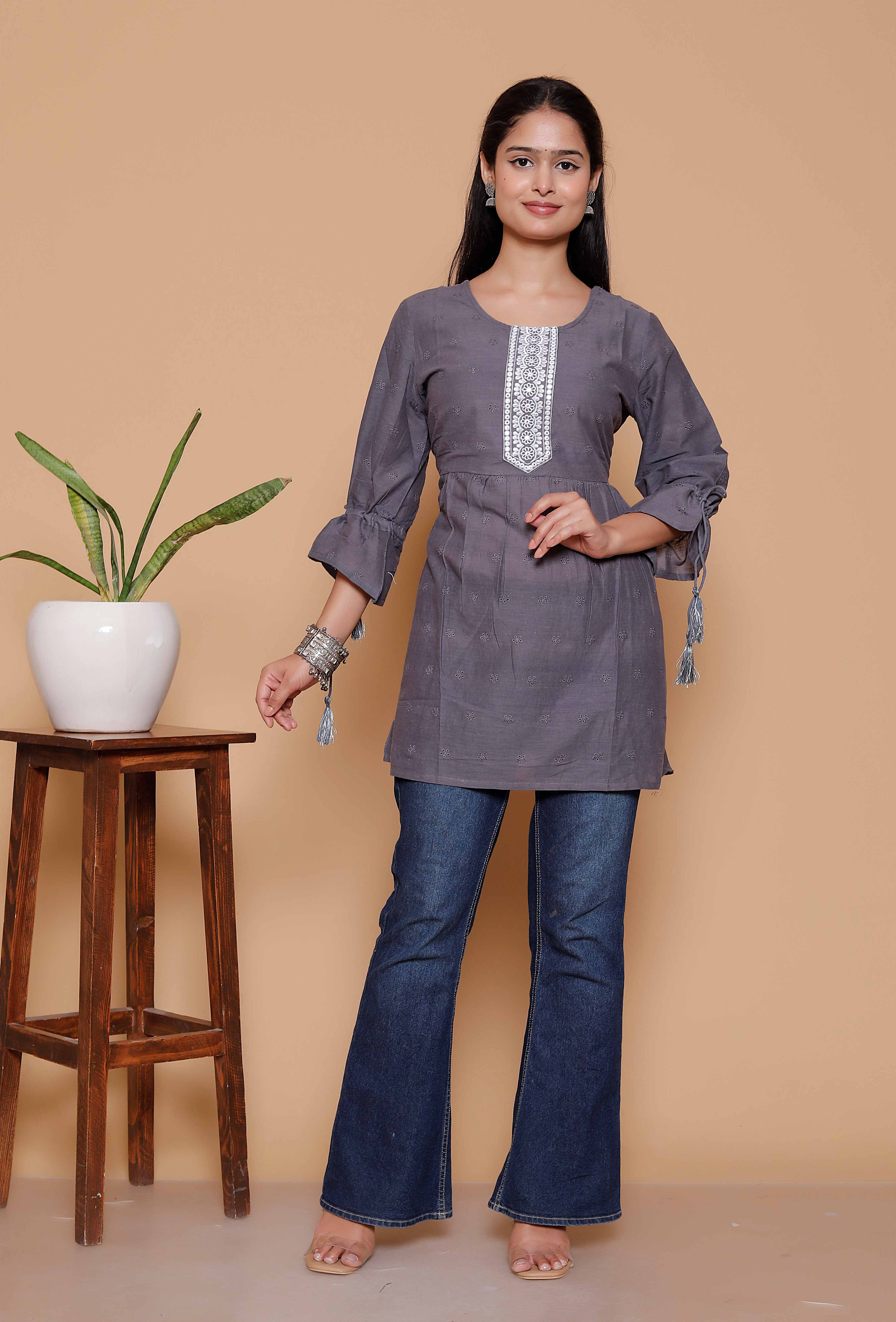 AAVARI Women’s Grey Embroidered Tunic Top | Casual Ethnic Kurti Top with Tassel Sleeves