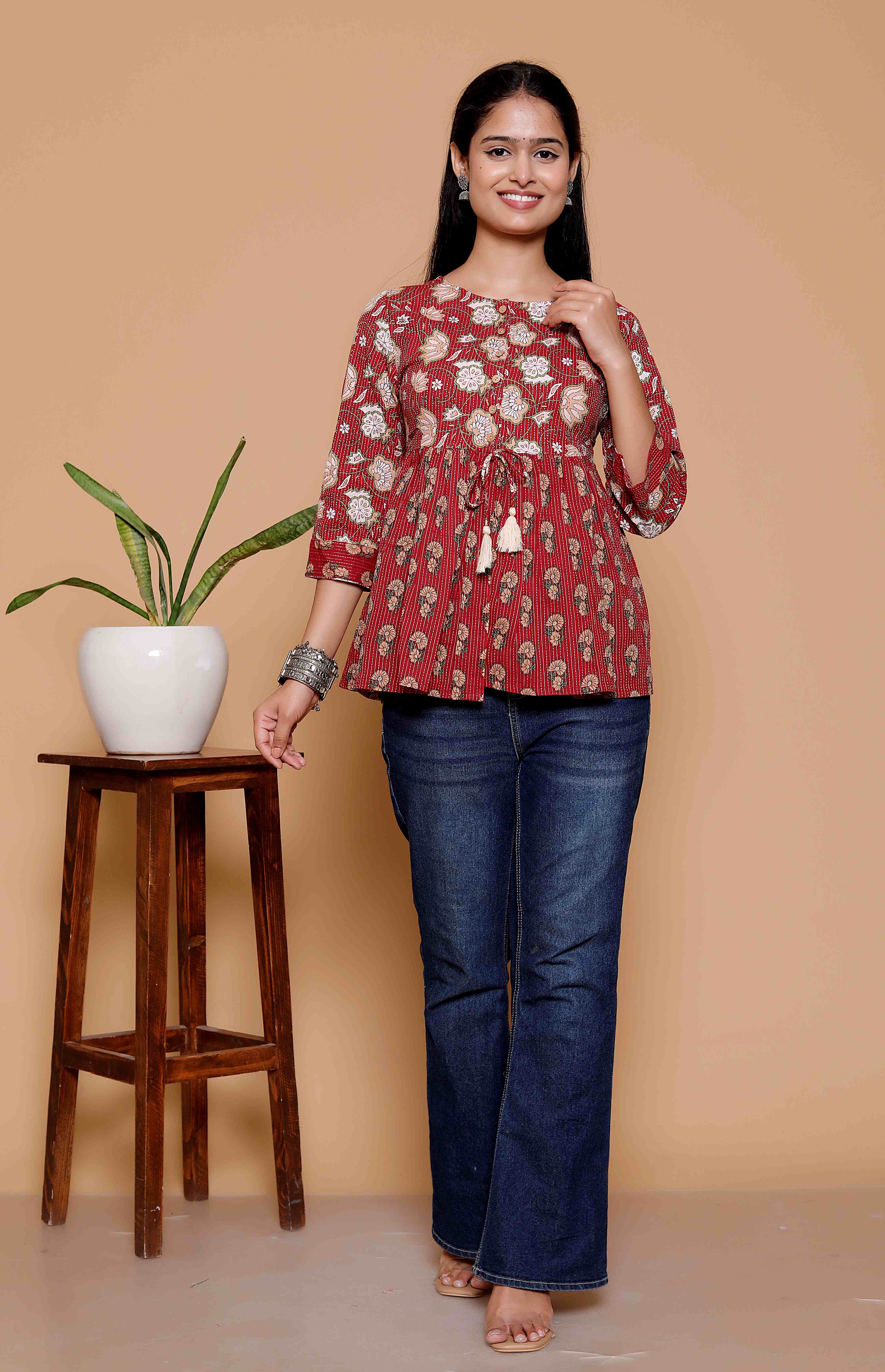 AAVARI Women’s Red Floral Printed Peplum Top | Ethnic Casual Tunic Top with Tassel Tie-Up