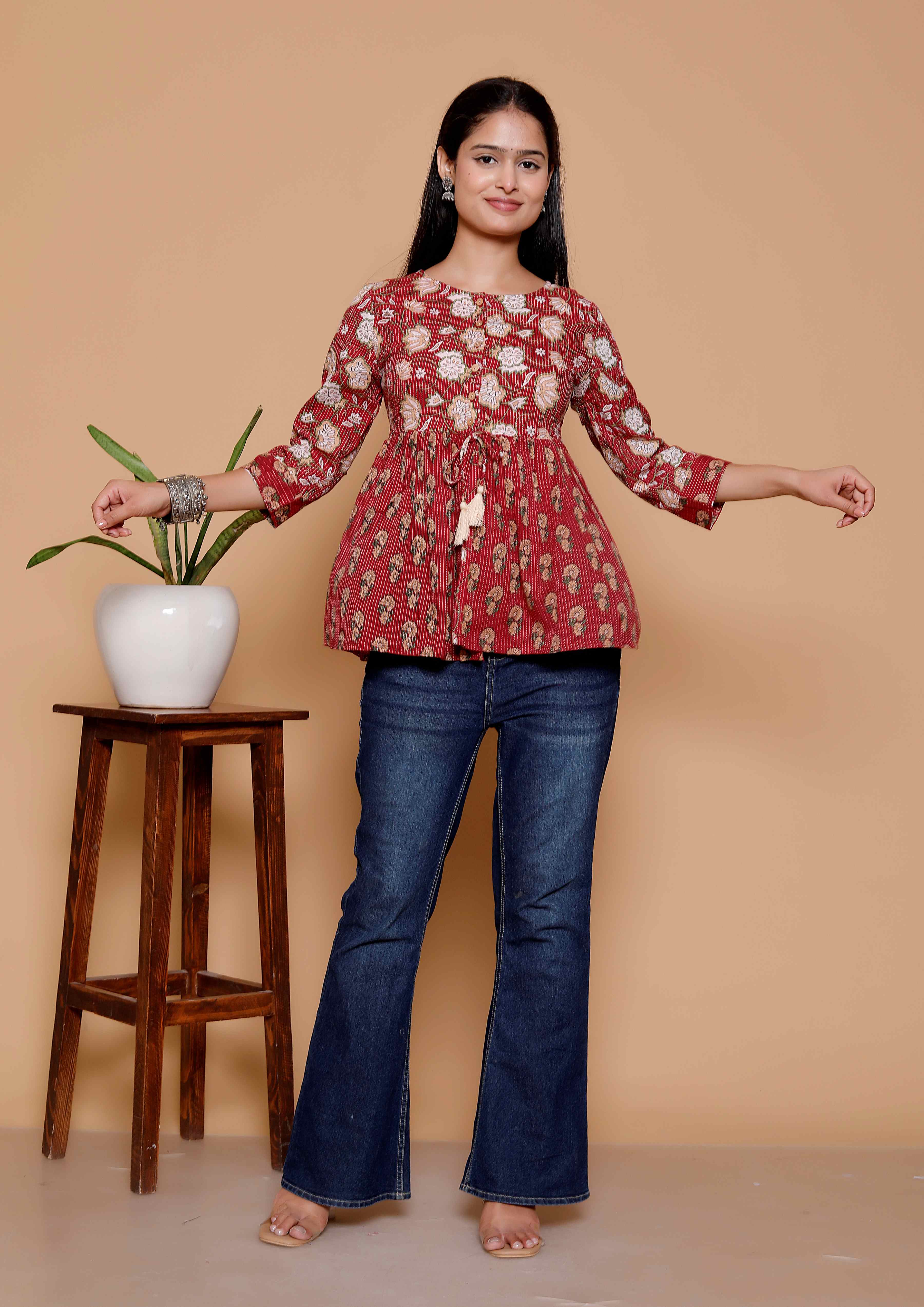 AAVARI Women’s Red Floral Printed Peplum Top | Ethnic Casual Tunic Top with Tassel Tie-Up