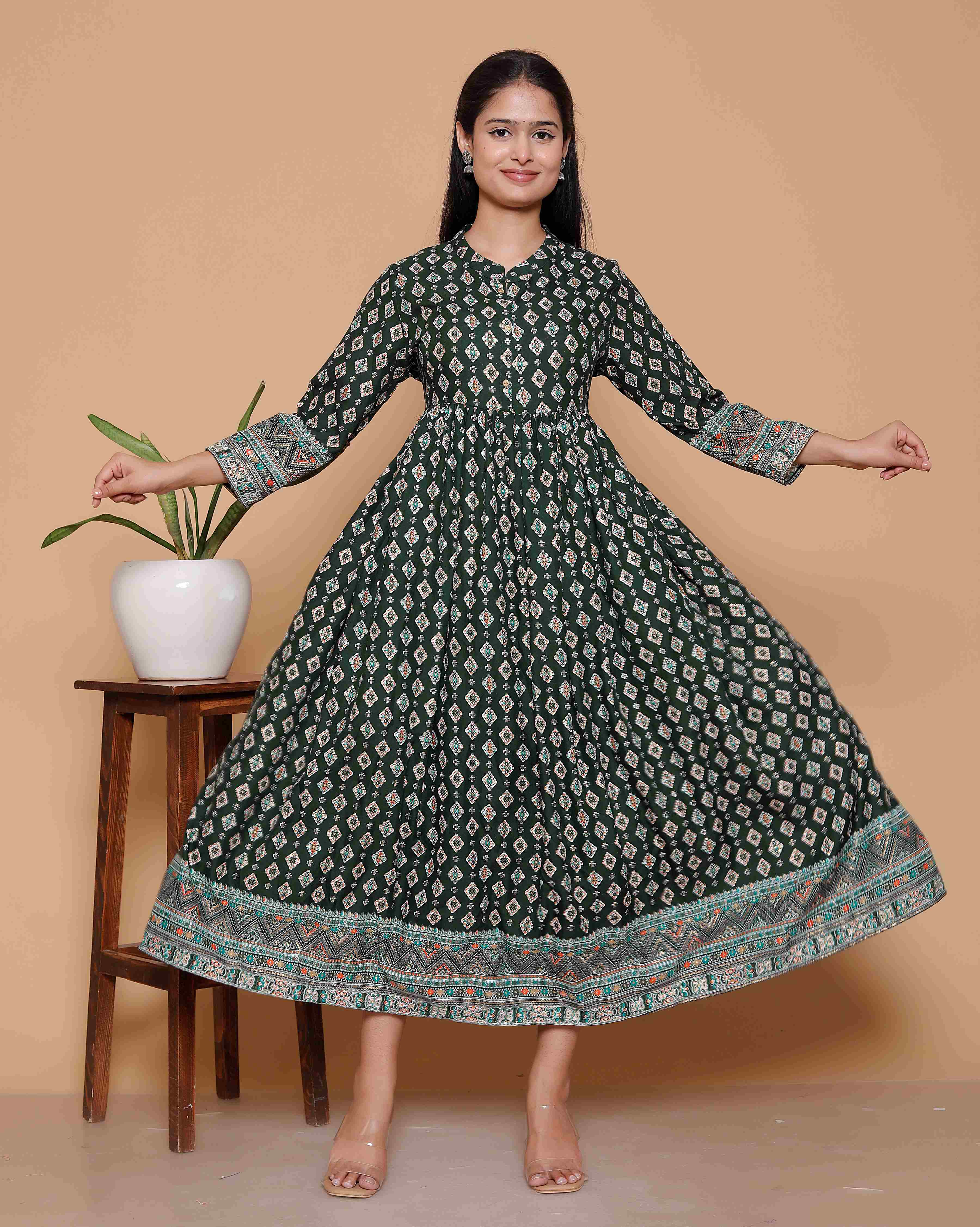 green maxi dress online india Nieve Green Floral Crepe Midi Tea Dress – Finery London main image 1