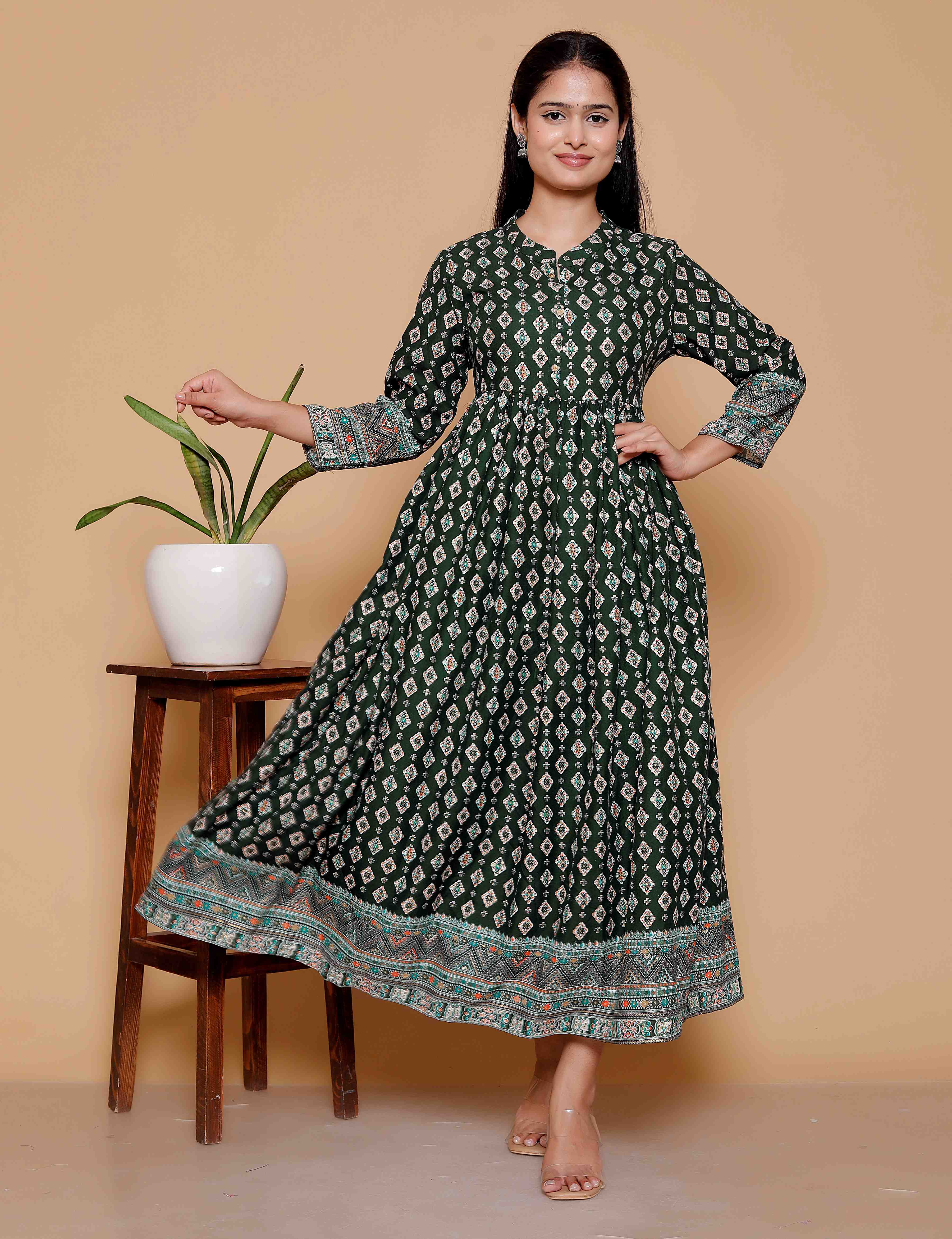 AAVARI Women’s Dark Green Printed Anarkali Maxi Dress | Ethnic Flared Long Dress with Border Detailing
