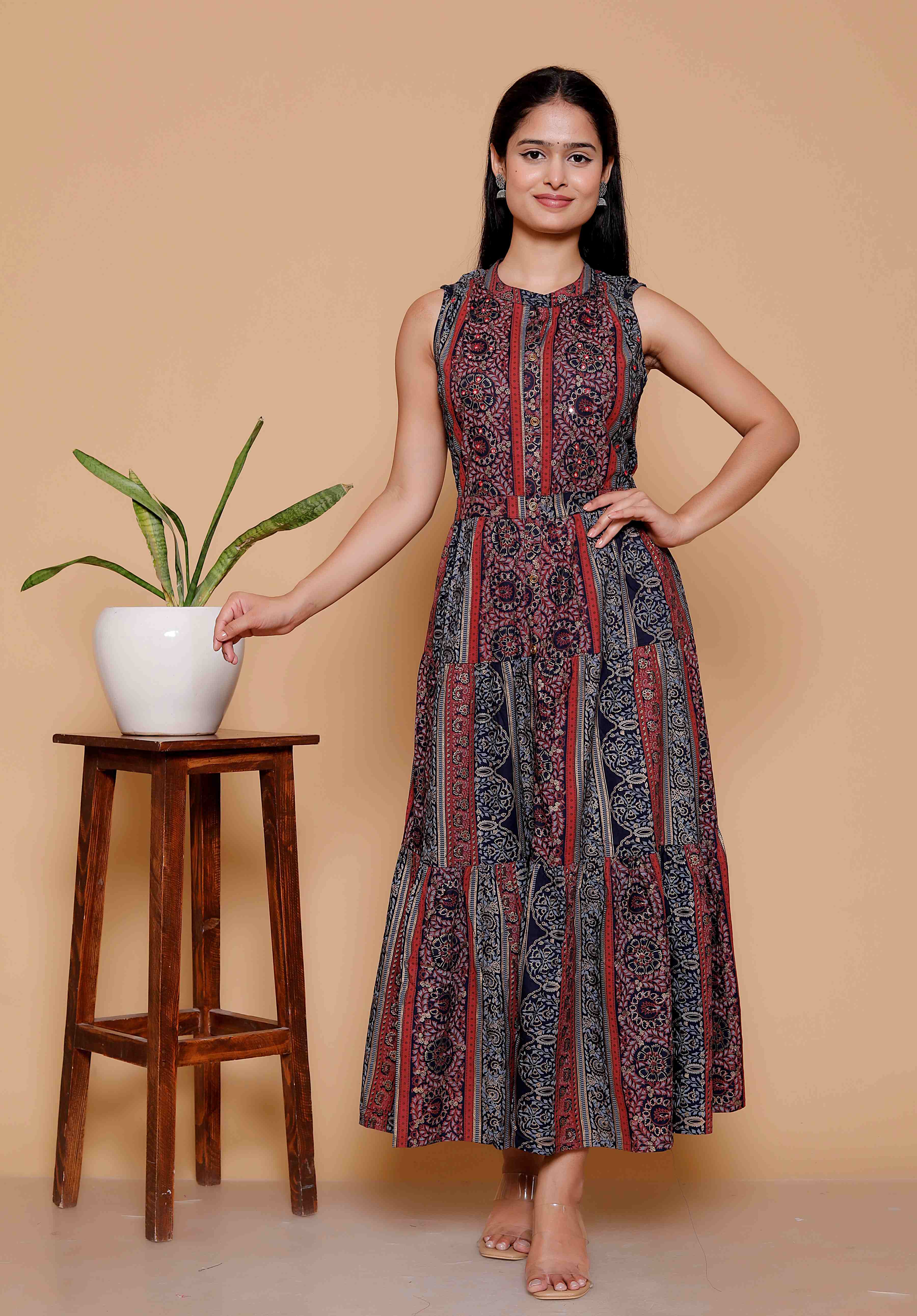 AAVARI Women’s Multicolor Printed Maxi Dress | Boho Ethnic Sleeveless Flared Long Dress