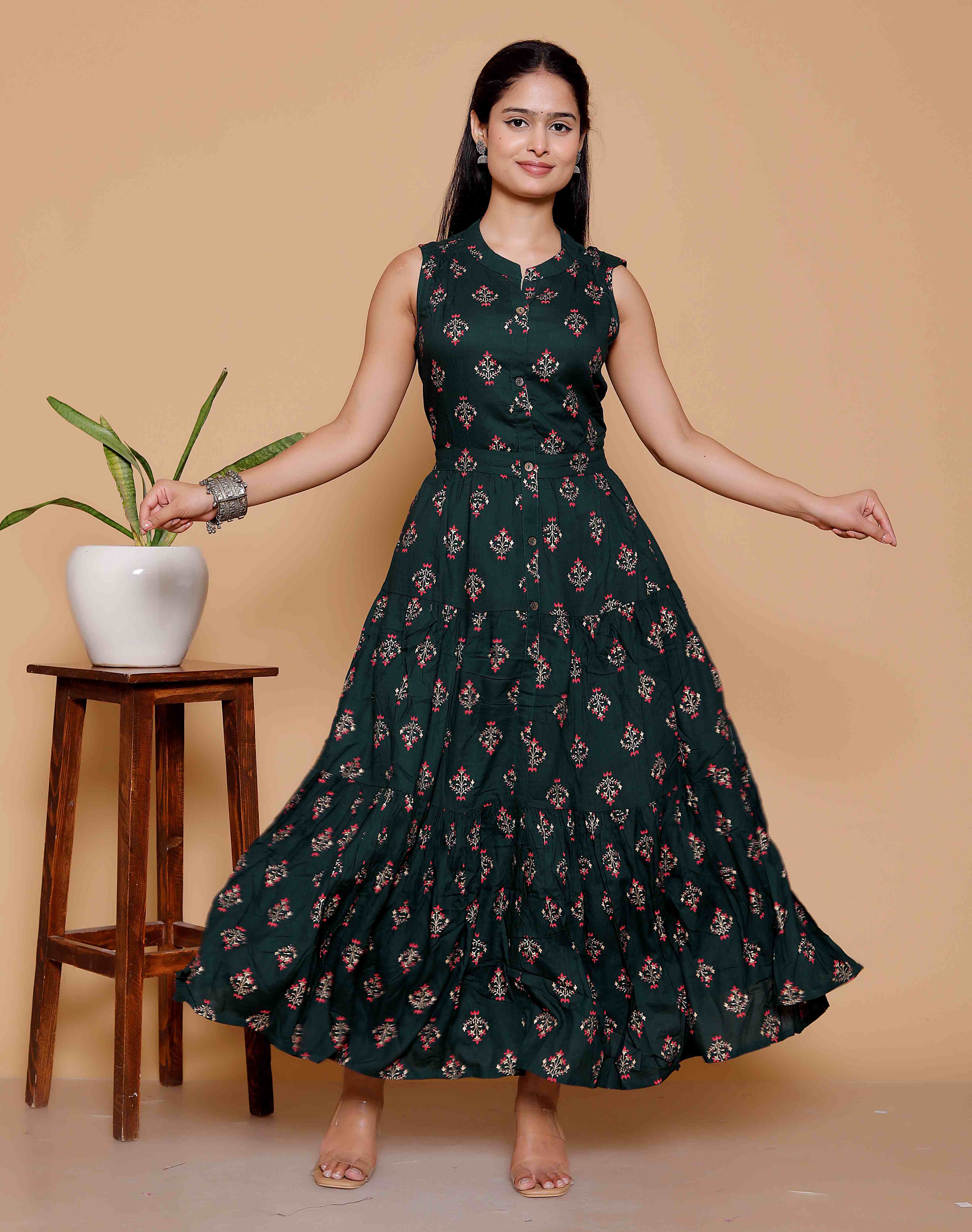 AAVARI Women’s Dark Green Floral Printed Maxi Dress | Sleeveless Tiered Ethnic Flared Dress for Women