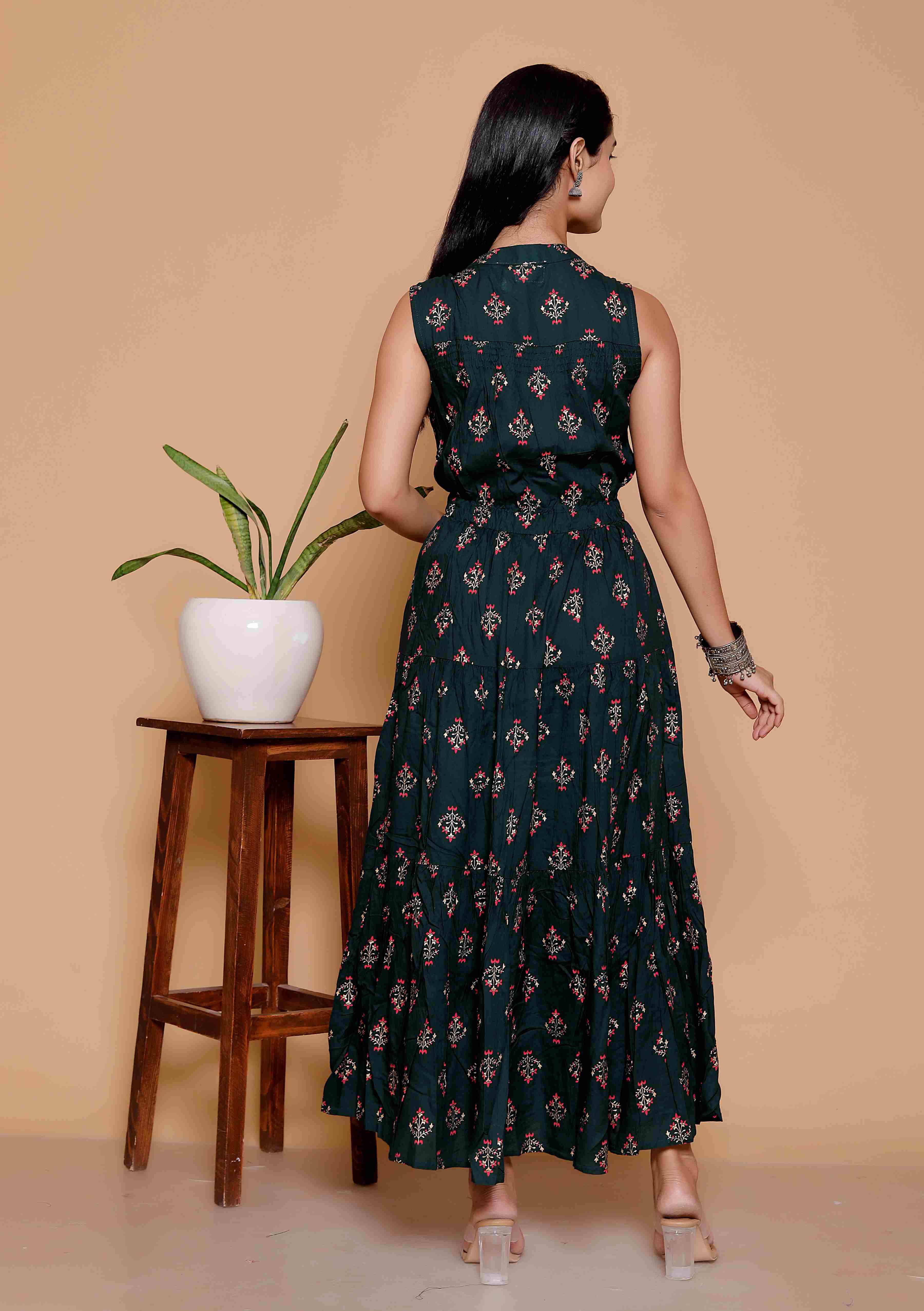 AAVARI Women’s Dark Green Floral Printed Maxi Dress | Sleeveless Tiered Ethnic Flared Dress for Women