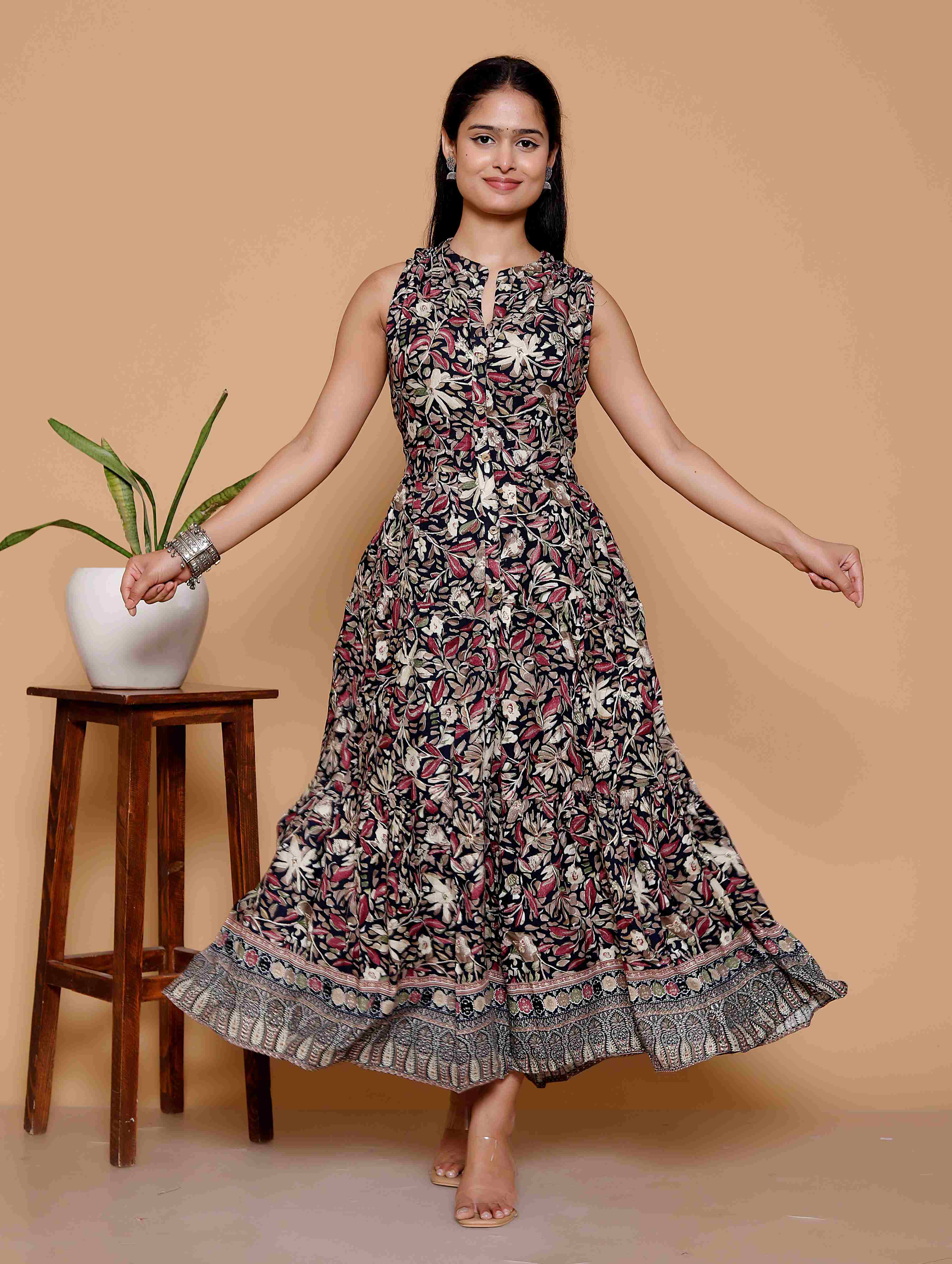 AAVARI Women’s Black Floral Printed Maxi Dress | Sleeveless Ethnic Flared Long Dress with Border Design