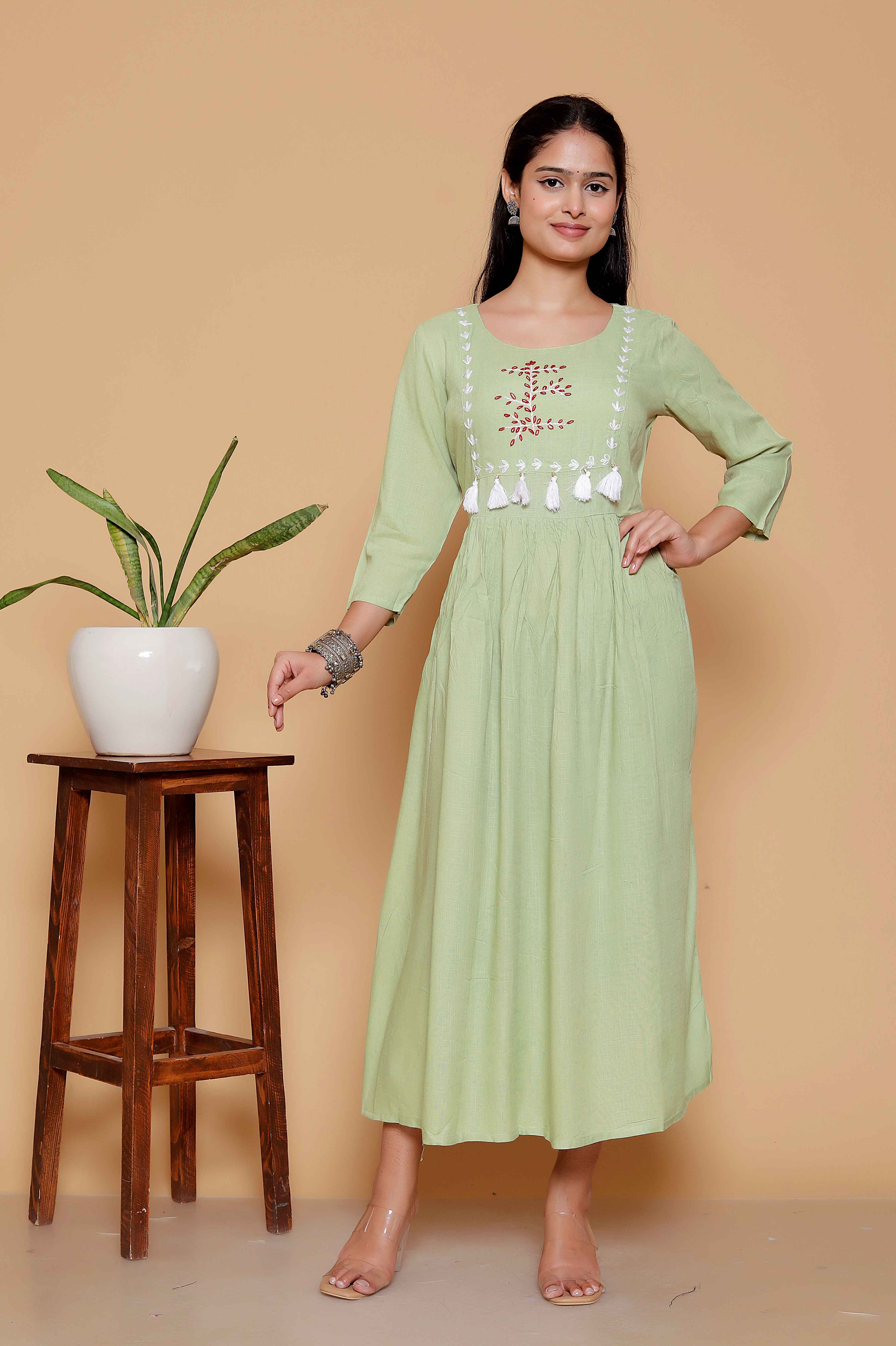 AAVARI Women’s Pistachio Green Flared Maxi Dress | Elegant Embroidered Ethnic Dress with Tassel Detailing