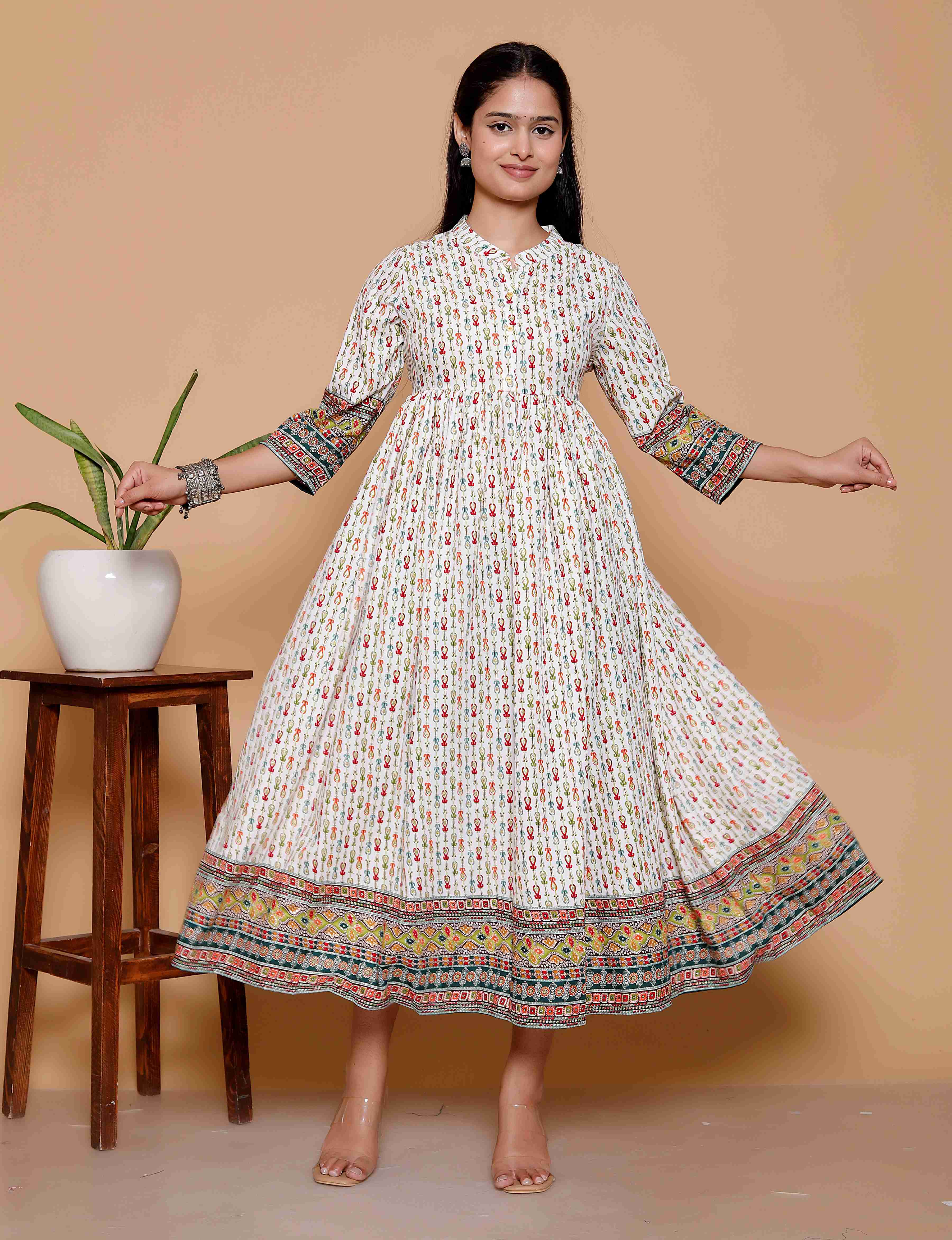 AAVARI Women’s Off White Printed Maxi Dress  | Ethnic Flared Long Dress with Traditional Border Design