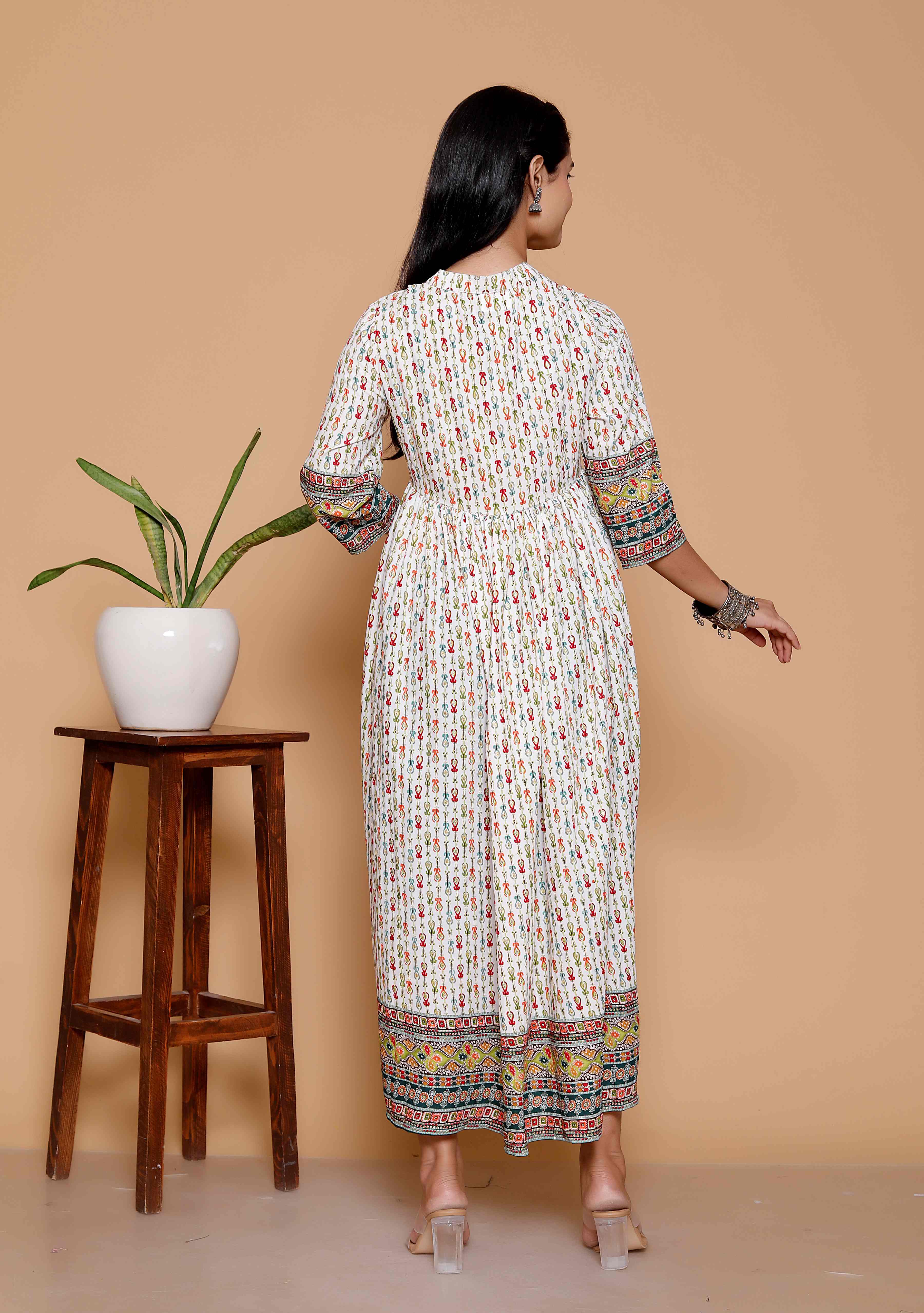 AAVARI Women’s Off White Printed Maxi Dress  | Ethnic Flared Long Dress with Traditional Border Design