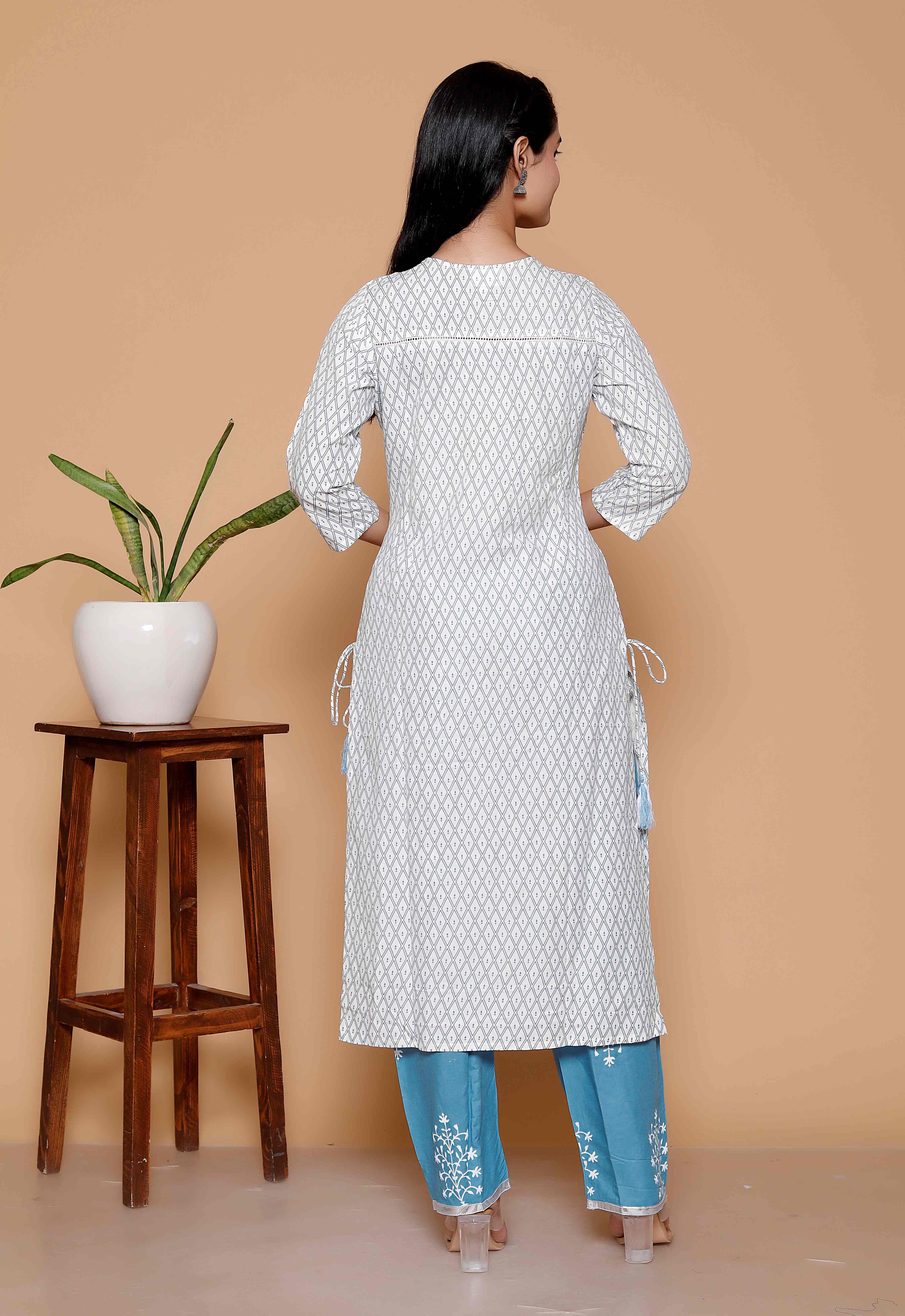 AAVARI Women’s White Printed Kurta Palazzo Set with Embroidered Blue Palazzo