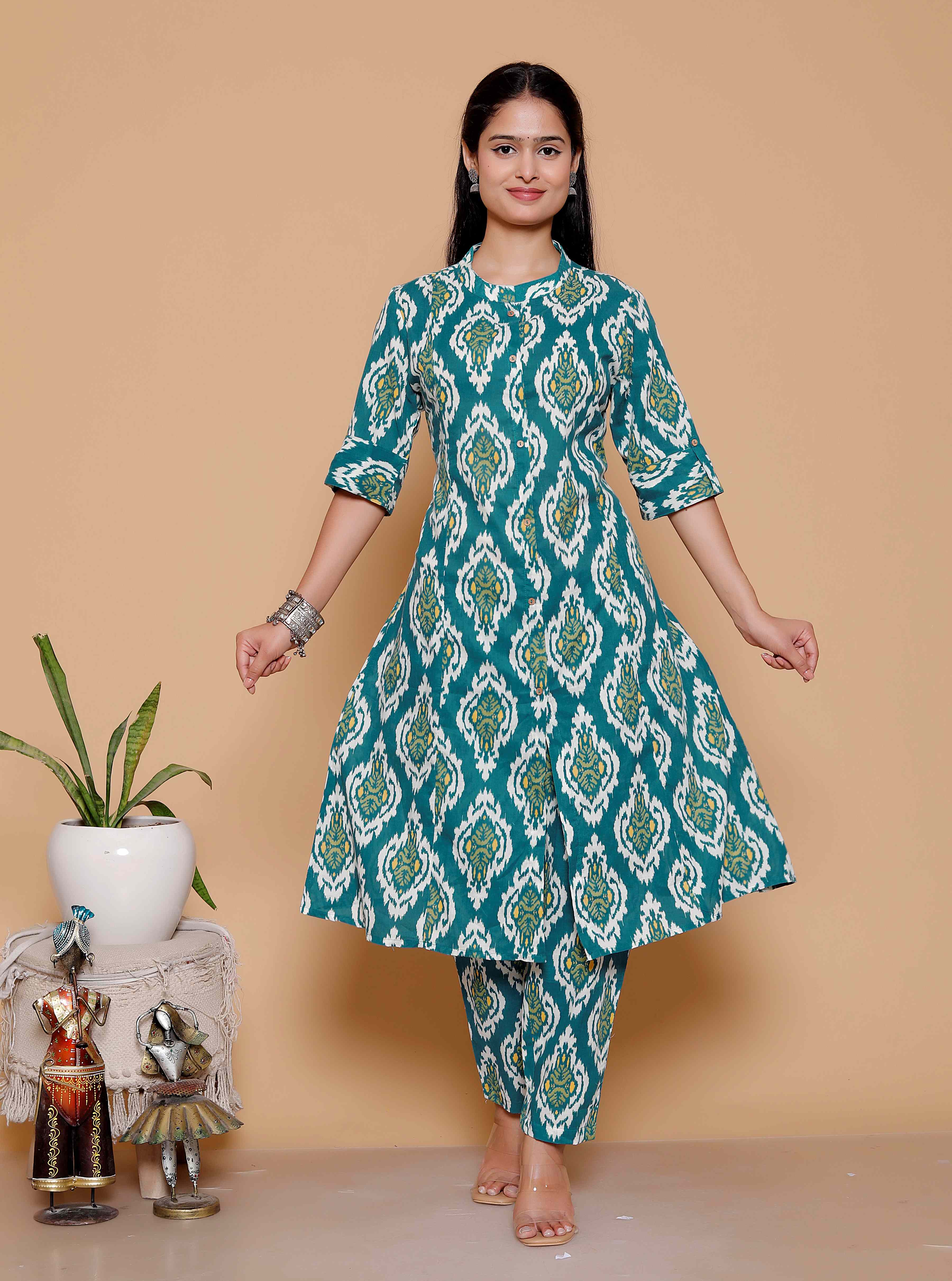 AAVARI Women’s Teal Blue Printed Anarkali Kurta Set | Ethnic Flared Kurta with Matching Pants