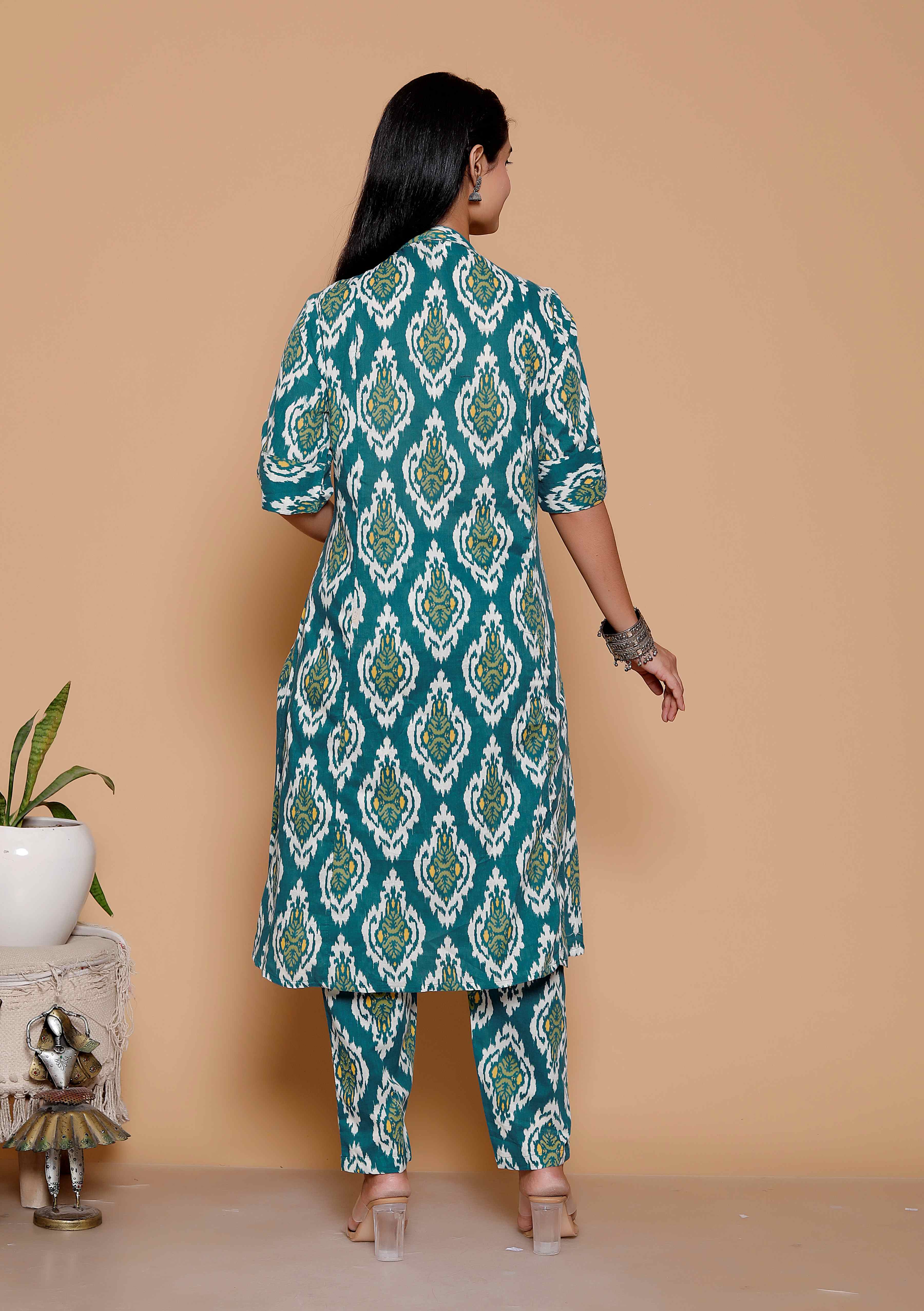 AAVARI Women’s Teal Blue Printed Anarkali Kurta Set | Ethnic Flared Kurta with Matching Pants