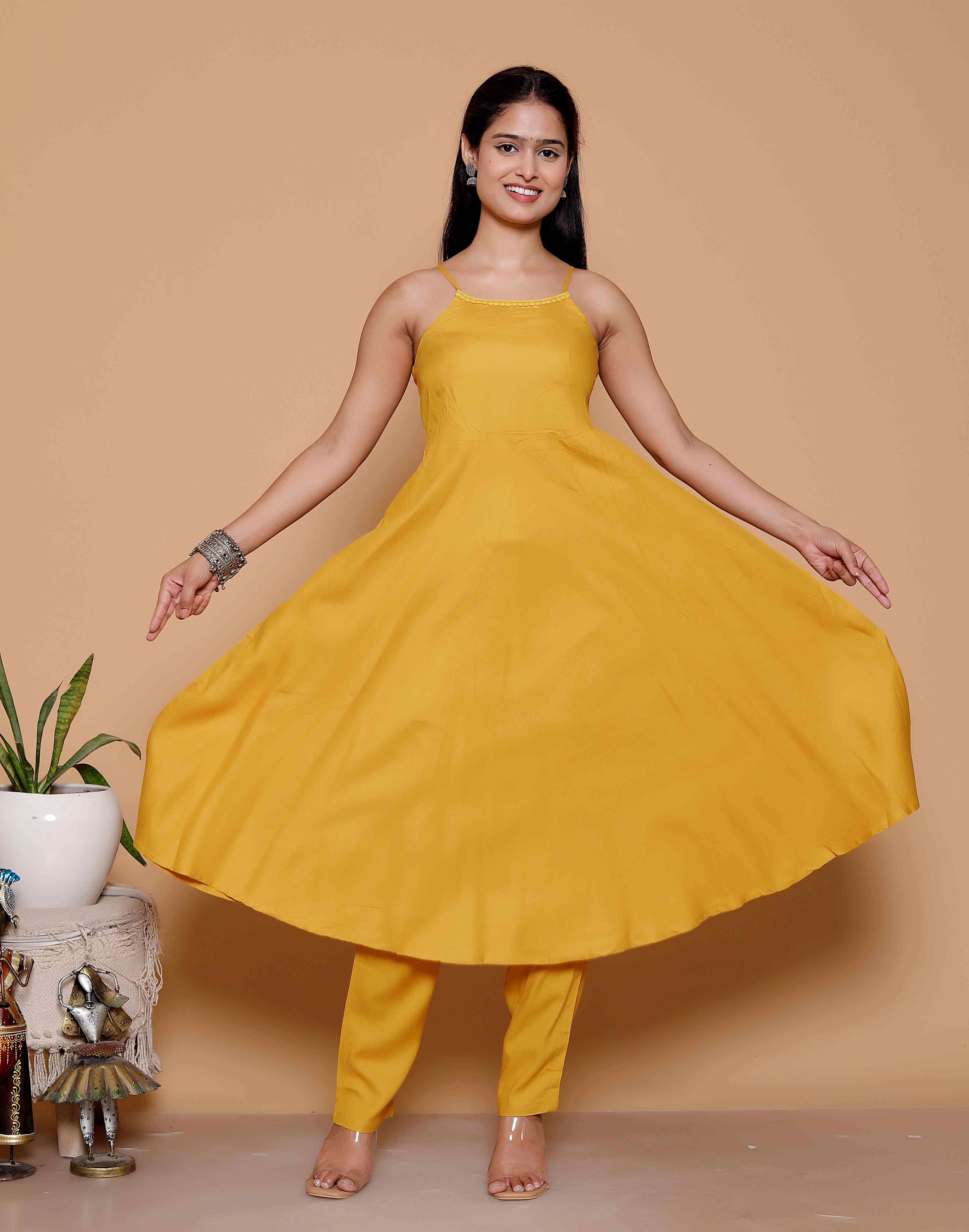 AAVARI Women’s Mustard Yellow Flared Anarkali Kurta Set | Elegant Sleeveless Ethnic Kurta with Pants