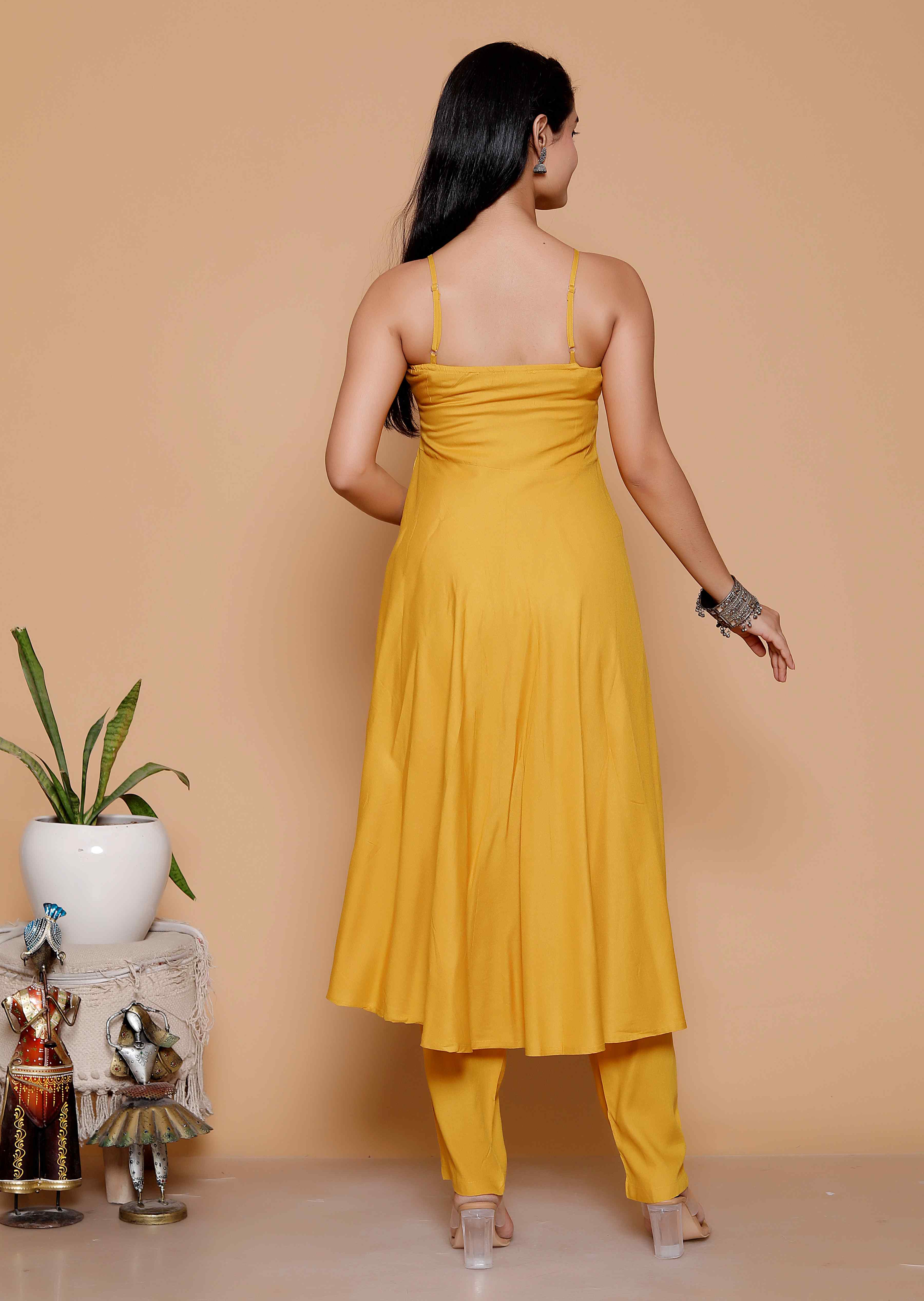 AAVARI Women’s Mustard Yellow Flared Anarkali Kurta Set | Elegant Sleeveless Ethnic Kurta with Pants